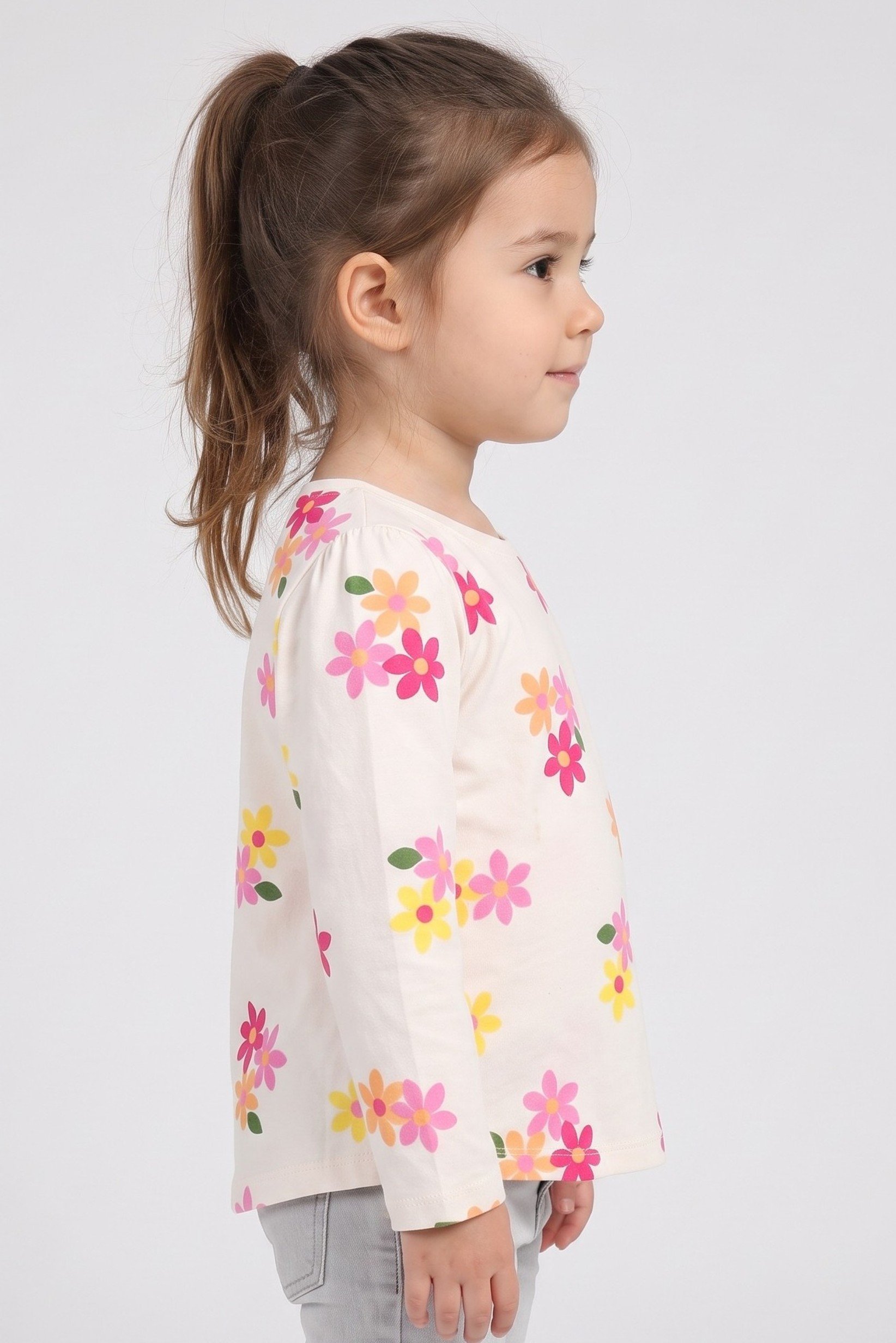 Toddlers Girl Crew Neck Floral Print Long Sleeve Top, Multicolor