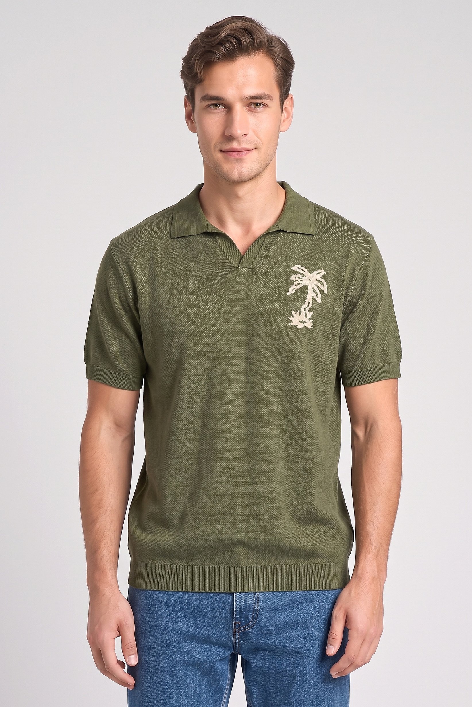 Men Regular Fit Knitted Short Sleeve Polo Shirt, Olive