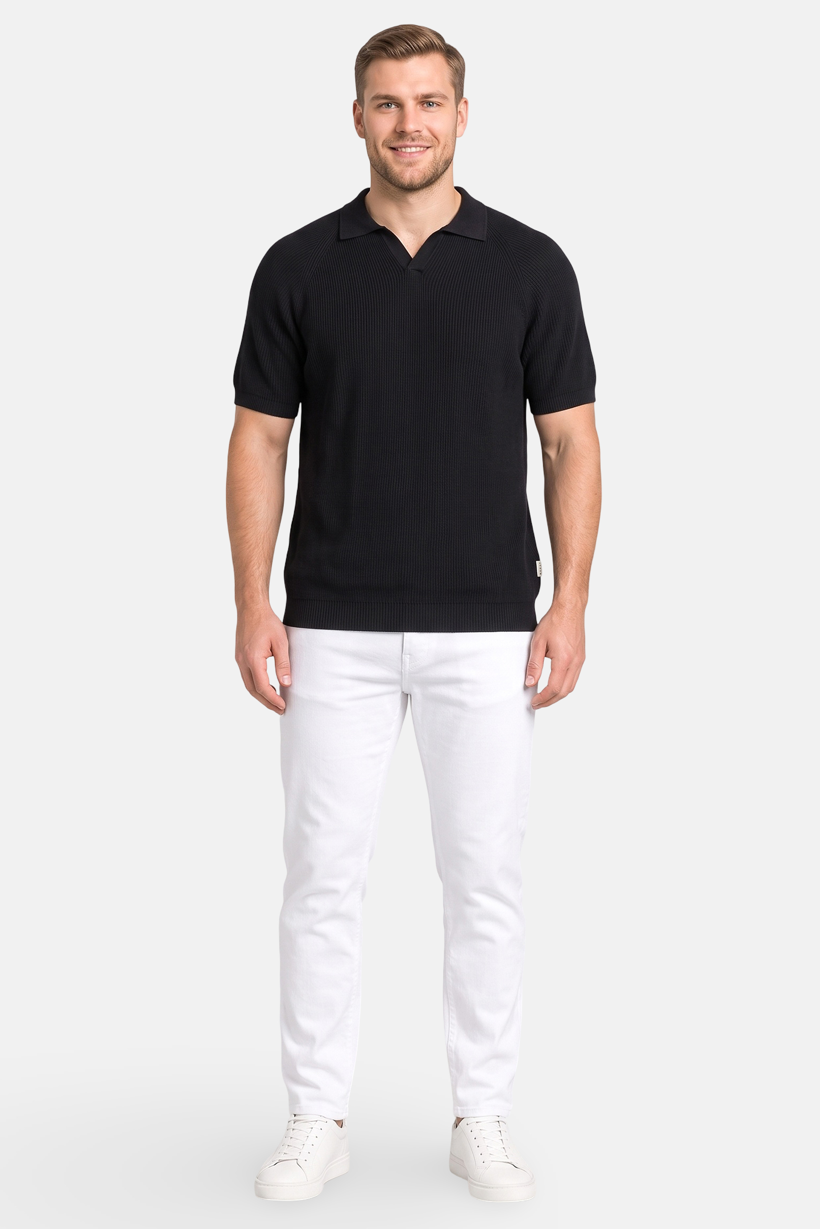 Men Regular Fit Ribbed Short Sleeve Polo Shirt, Black