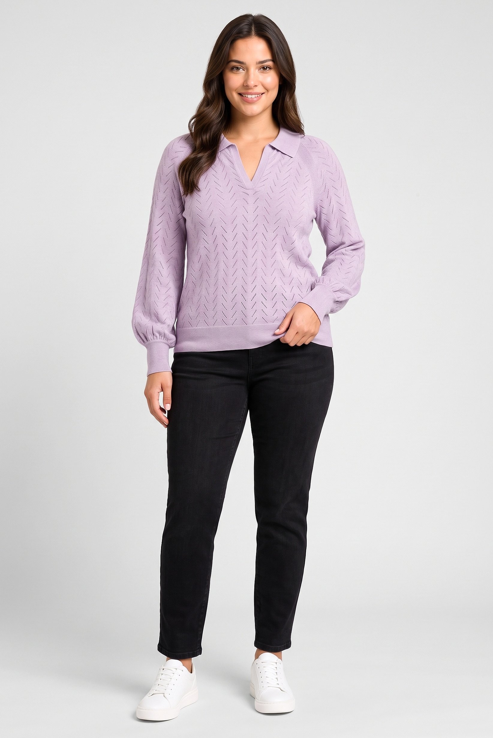 Women Spread Collar Eyelet Sweater, Lavender