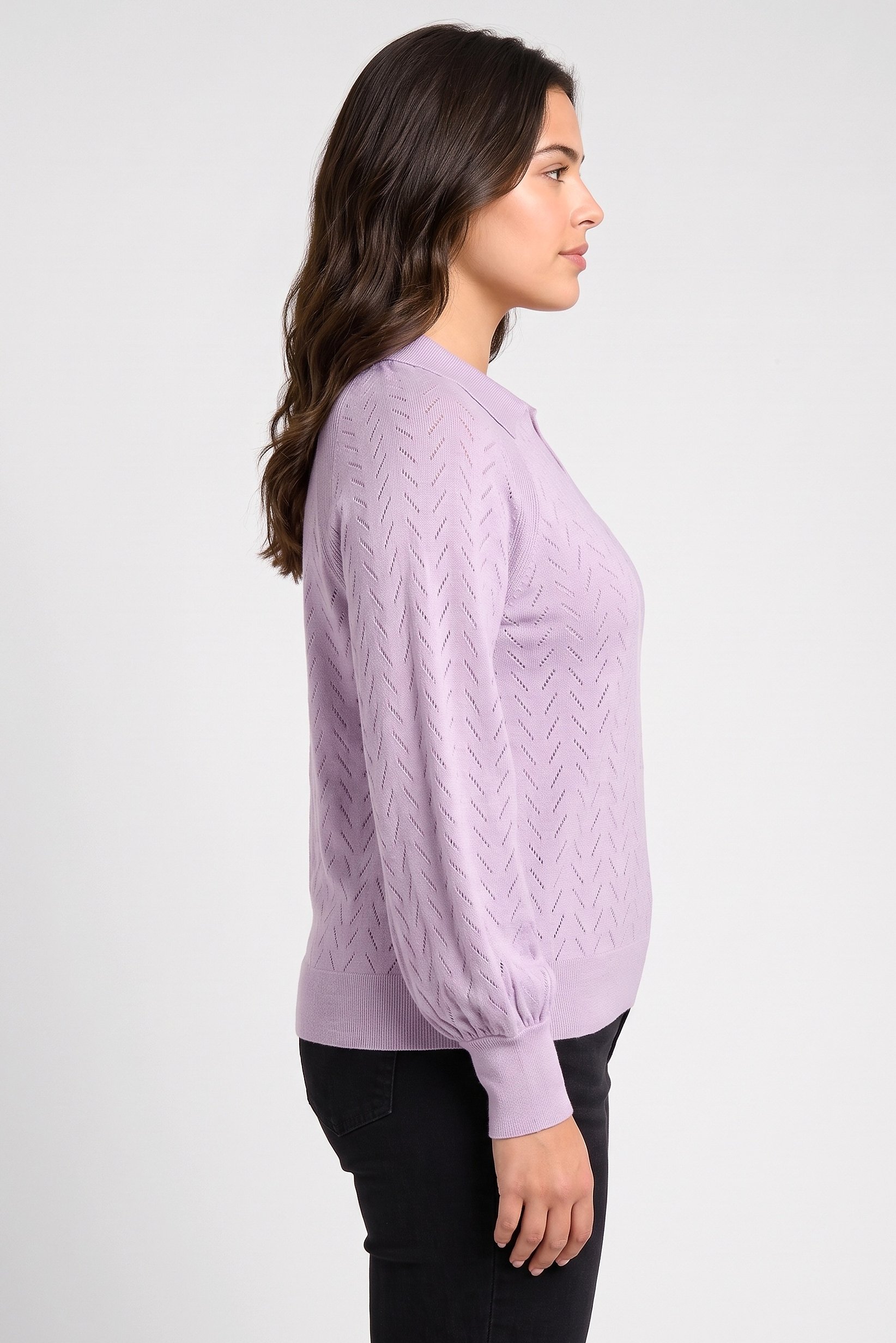 Women Spread Collar Eyelet Sweater, Lavender