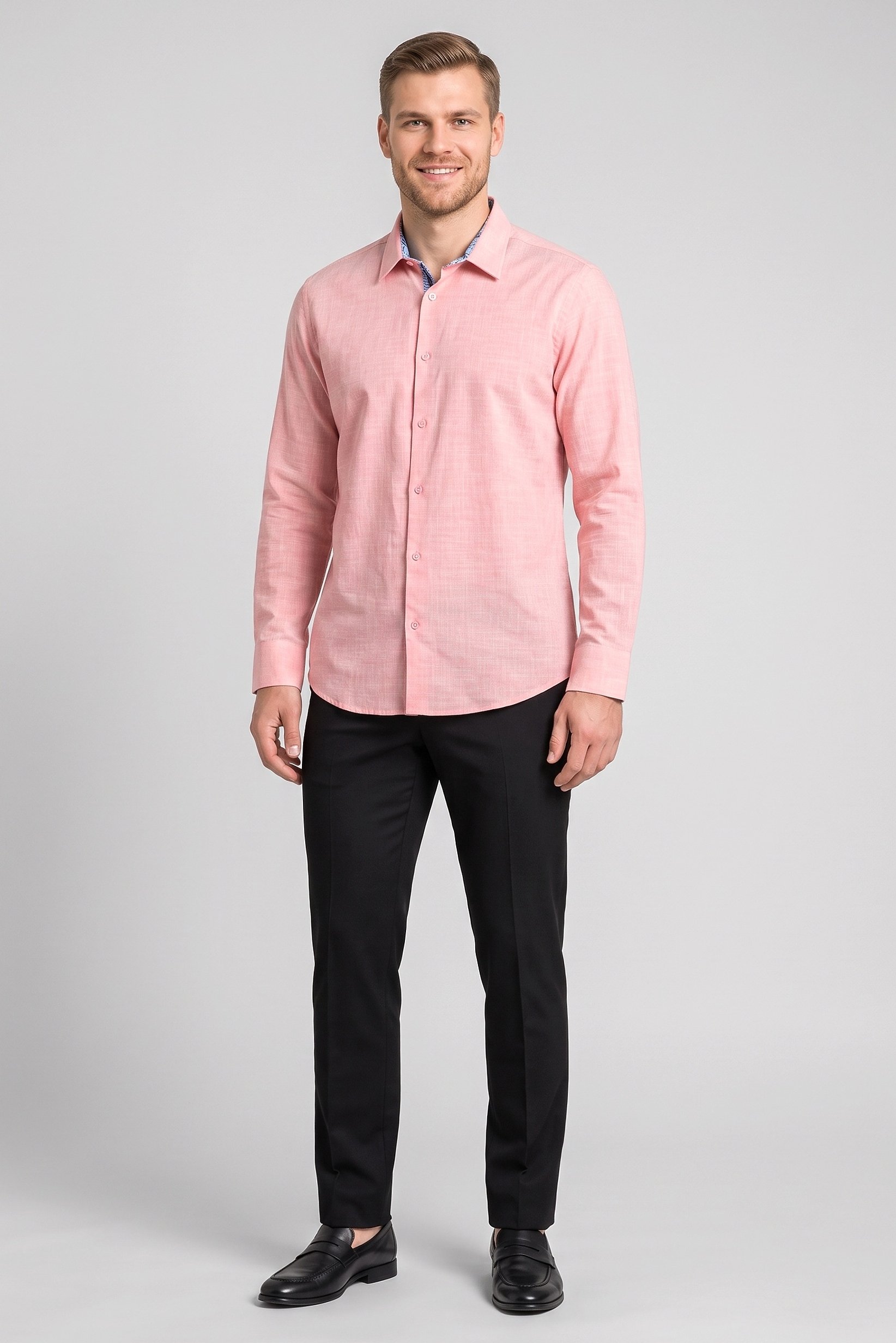 Men Regular Fit Chambray Long Sleeves Casual Shirt, Pink