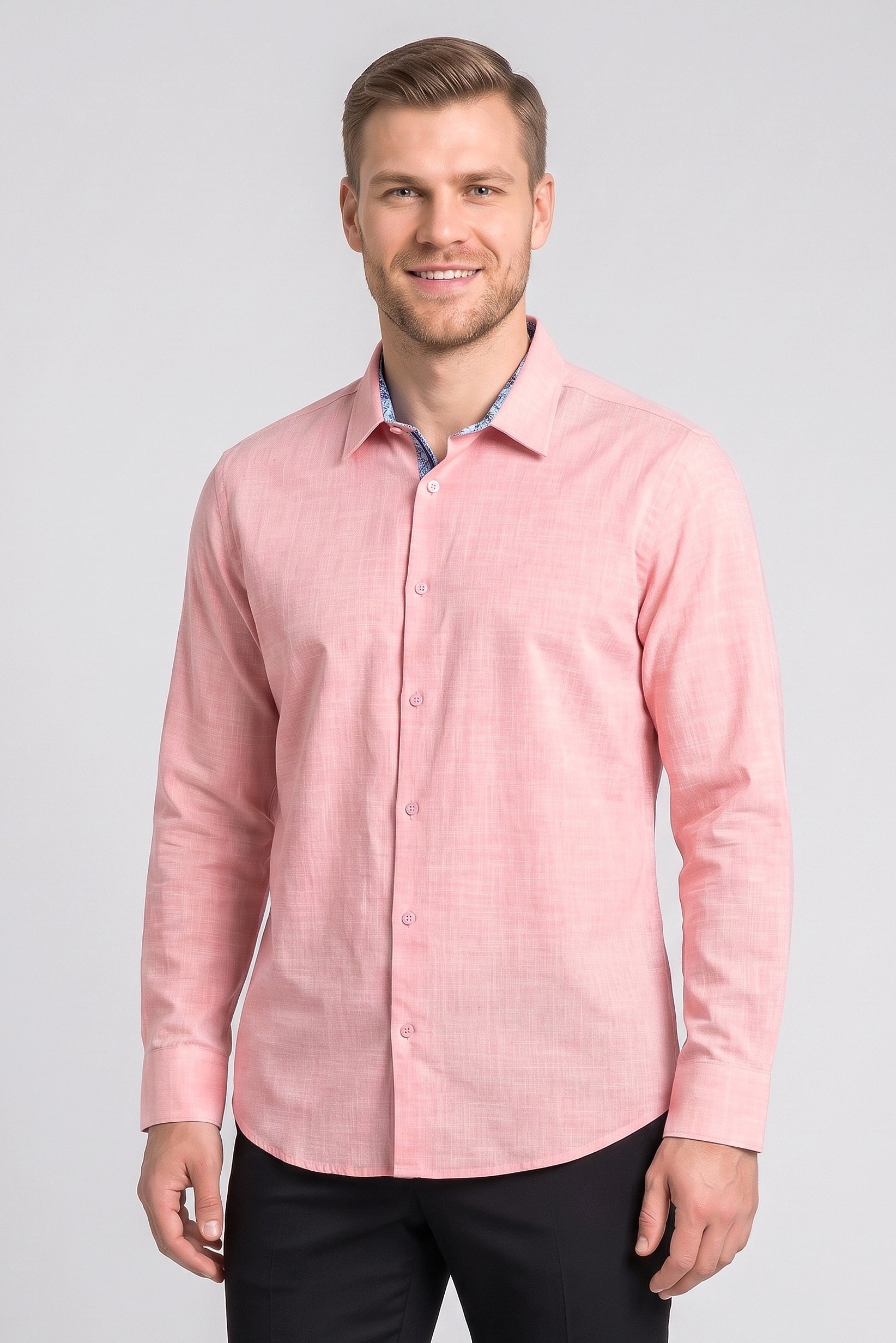 Men Regular Fit Chambray Long Sleeves Casual Shirt, Pink