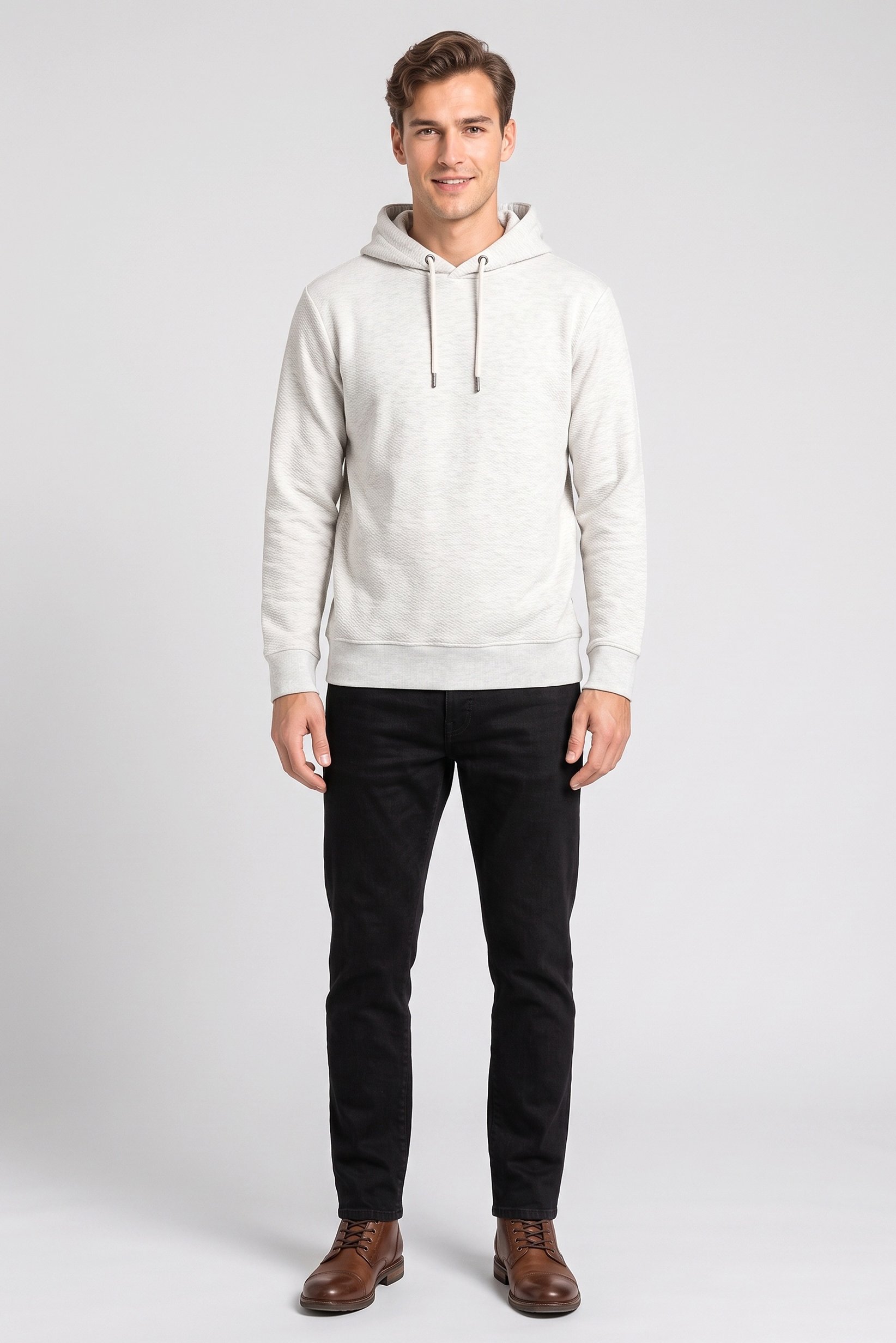 Men Long Sleeve Textured Hoodie, Light Grey