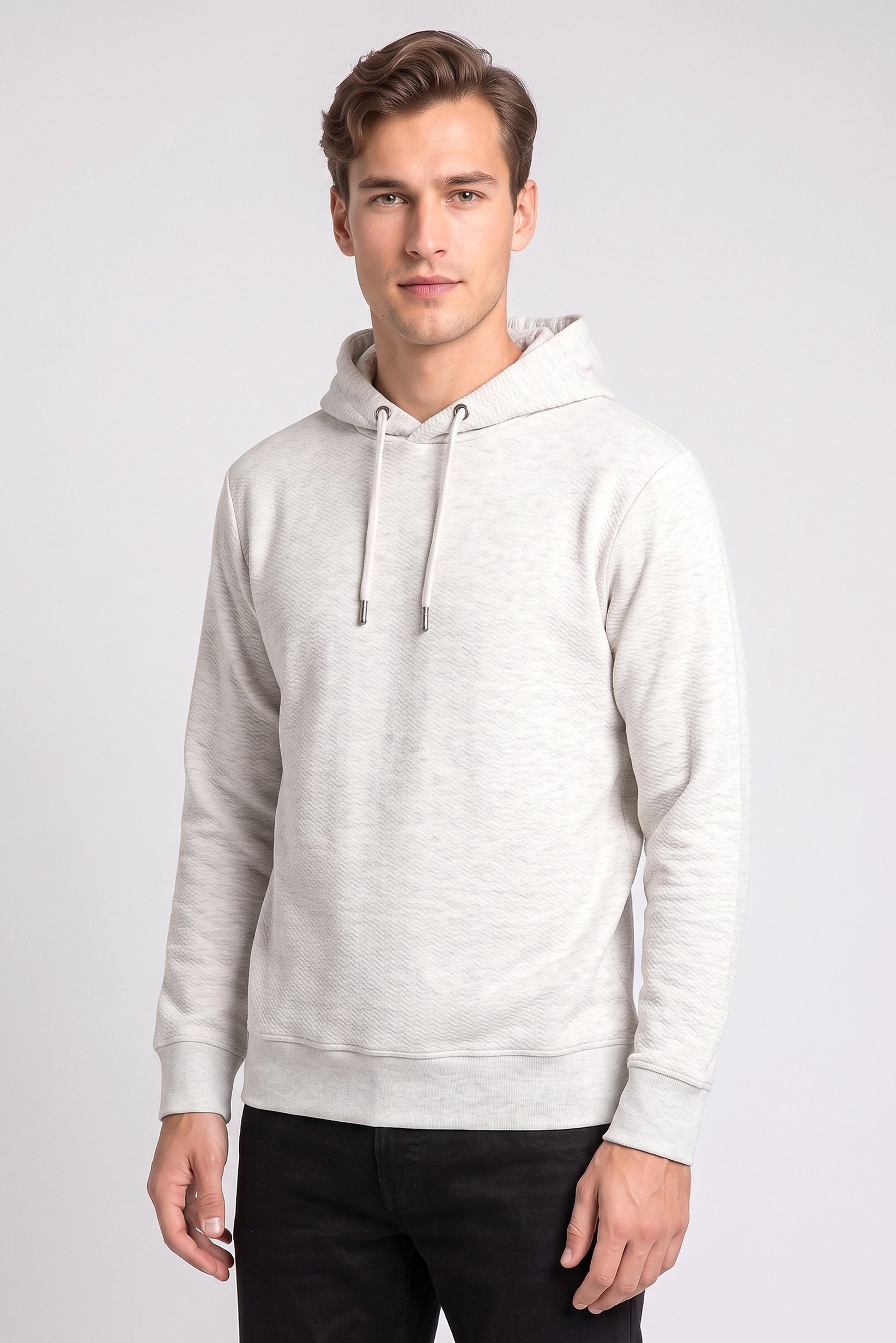 Men Long Sleeve Textured Hoodie, Light Grey