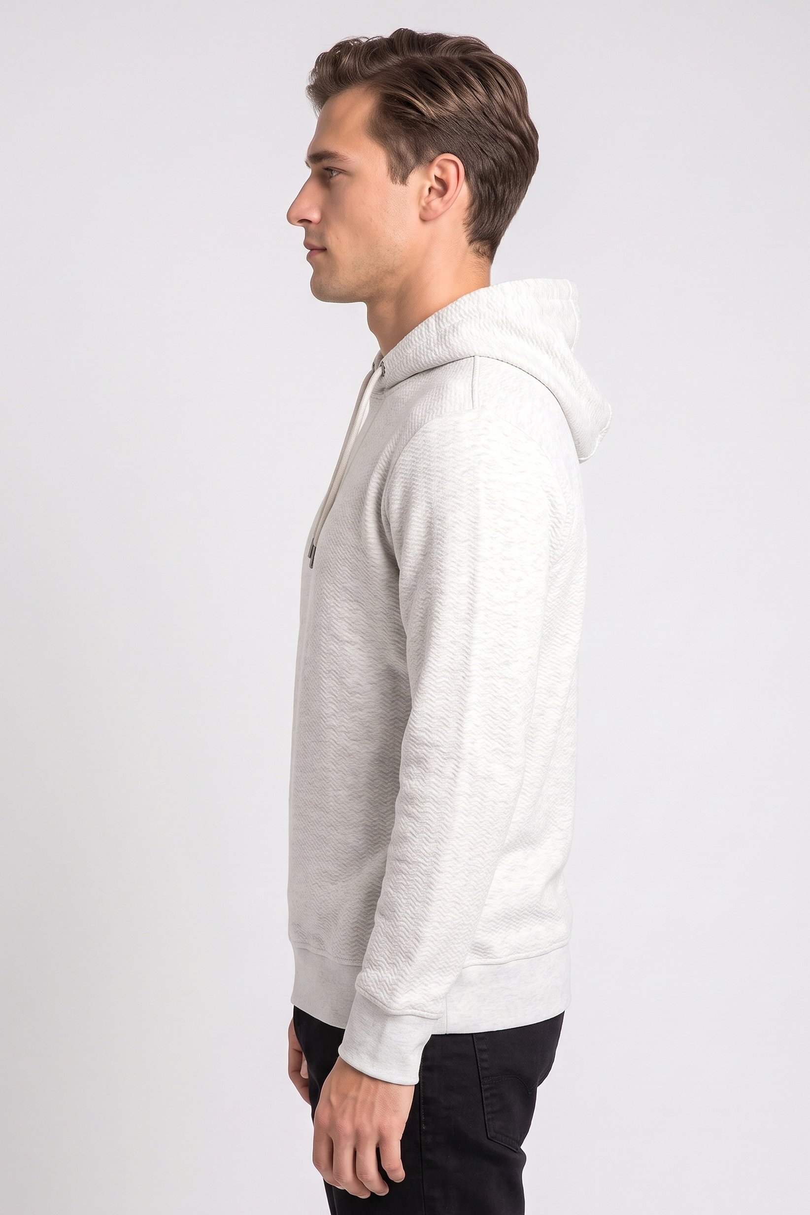 Men Long Sleeve Textured Hoodie, Light Grey