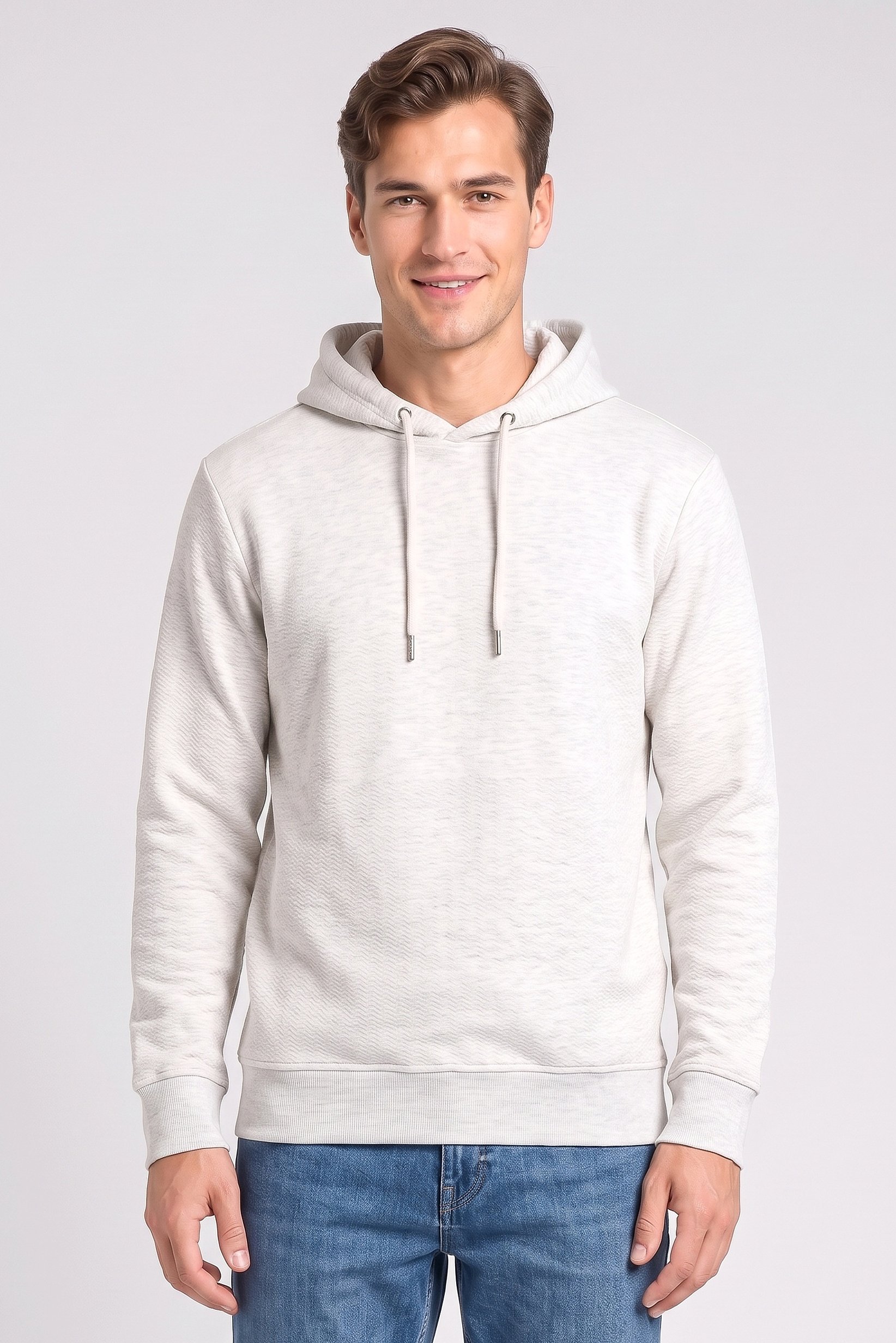 Men Long Sleeve Textured Hoodie, Grey