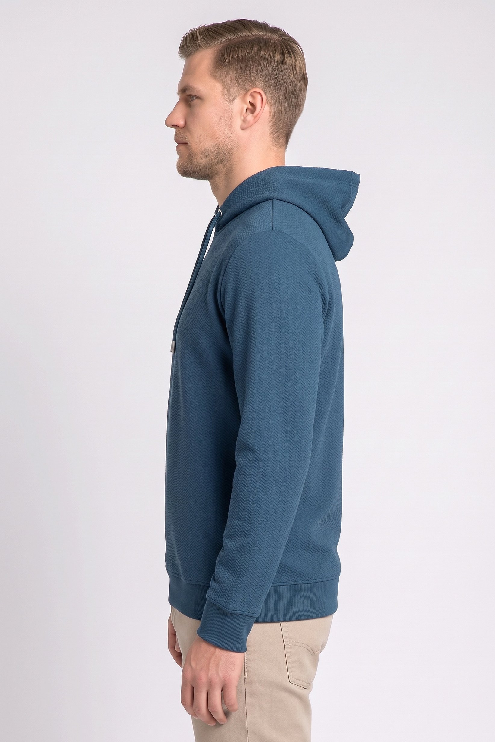 Men Long Sleeve Textured Hoodie, Teal Blue