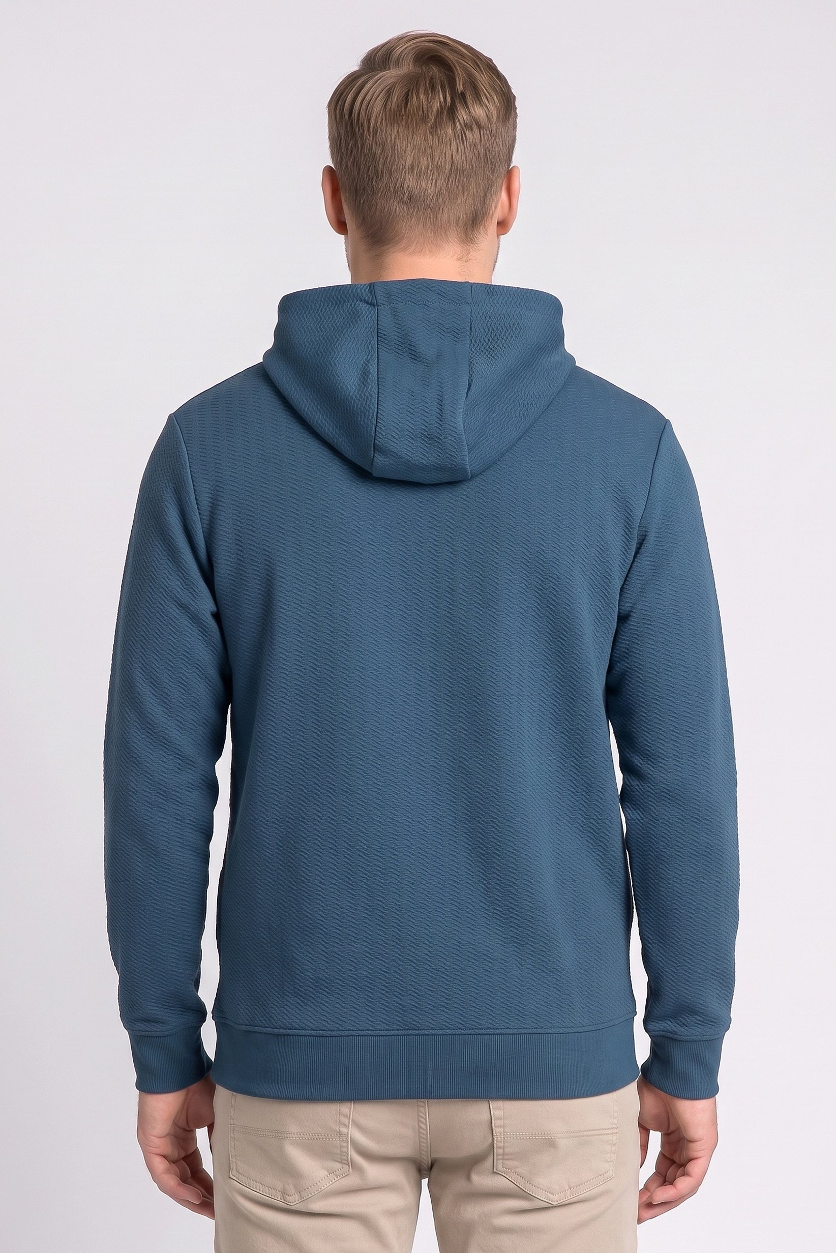 Men Long Sleeve Textured Hoodie, Teal Blue