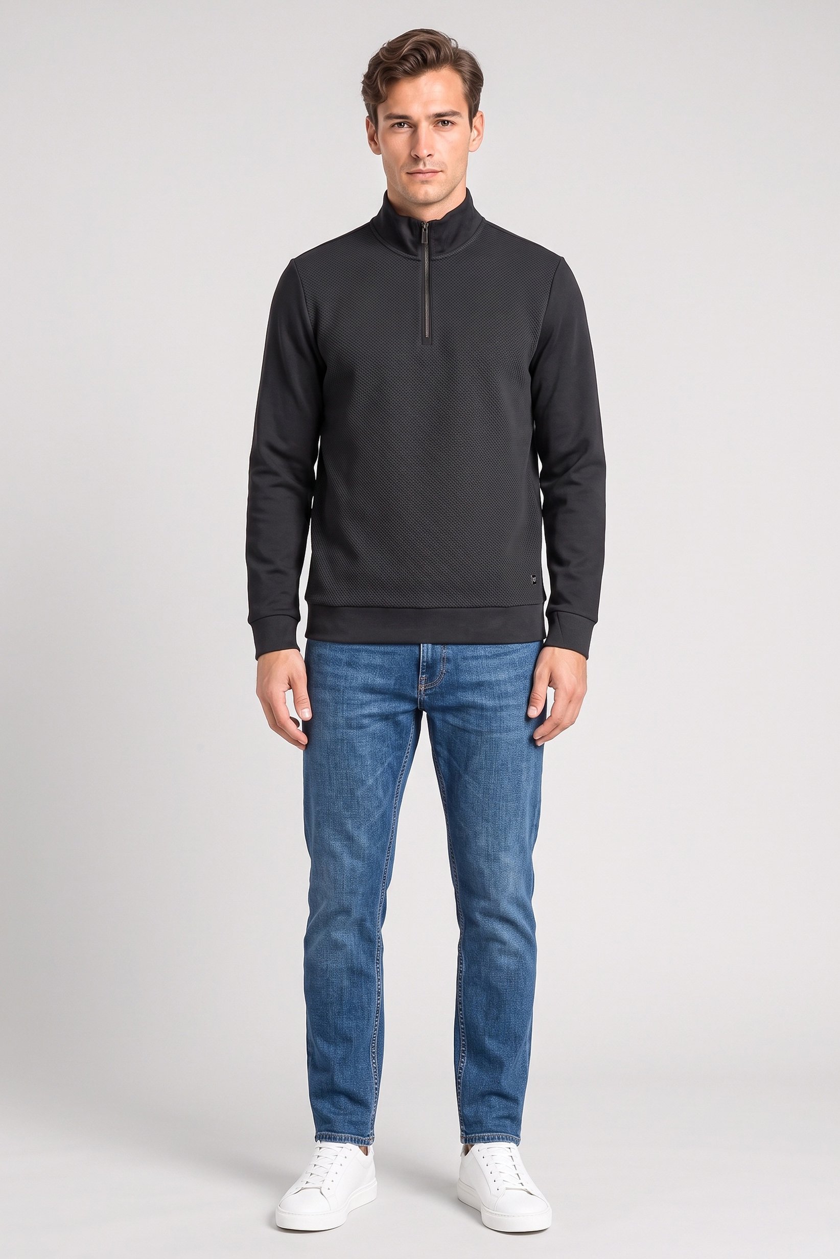 Men Mock Neck Brand Logo Long Sleeve Sweatshirt, Dark Grey