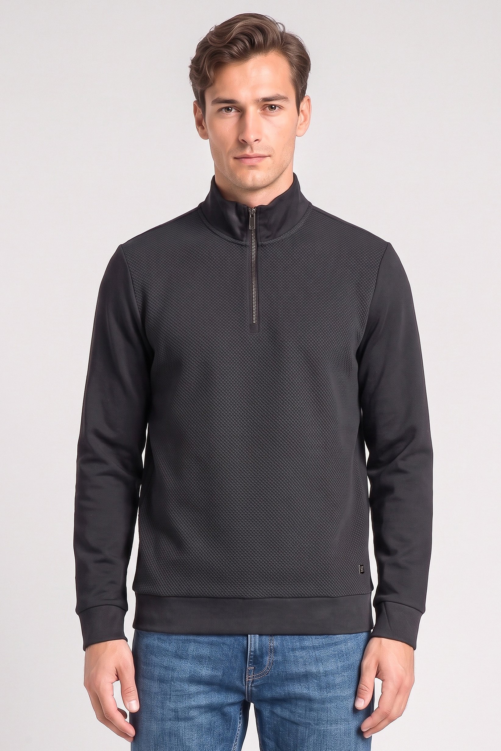 Men Mock Neck Brand Logo Long Sleeve Sweatshirt, Dark Grey