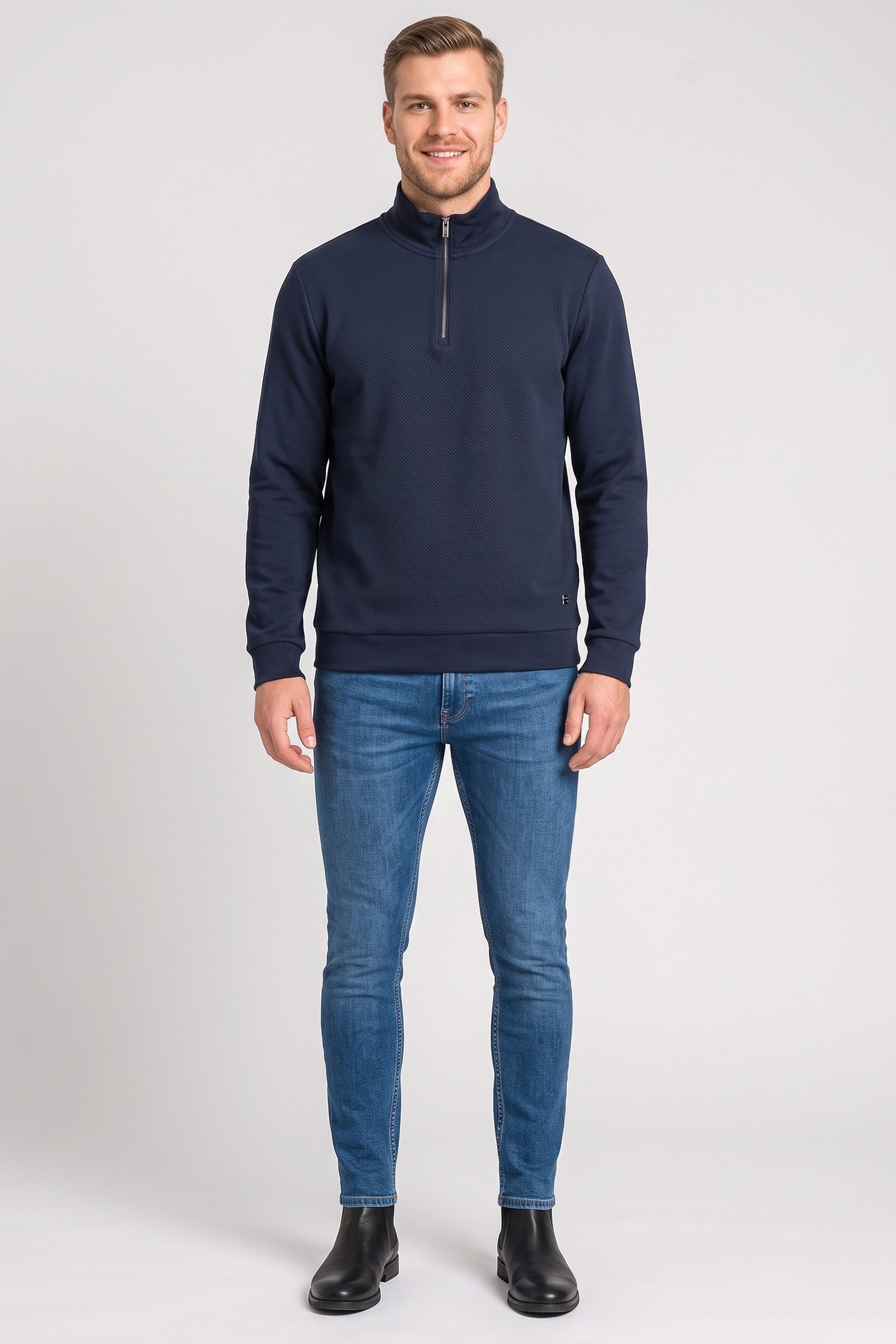 Men Mock Neck Textured Long Sleeve Sweatshirt, Navy