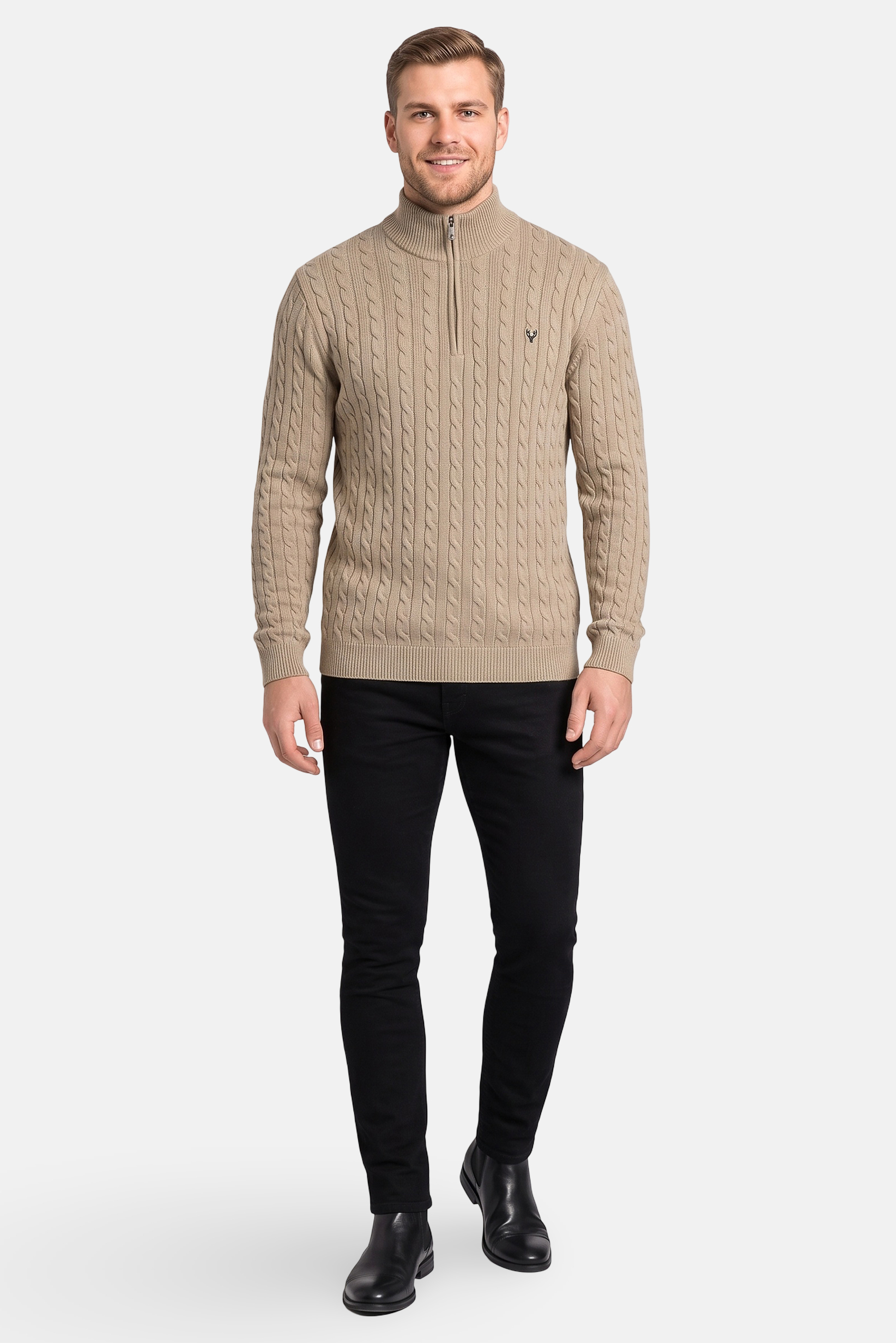 Men Mock Neck Knitted Sweater, Deep Beige