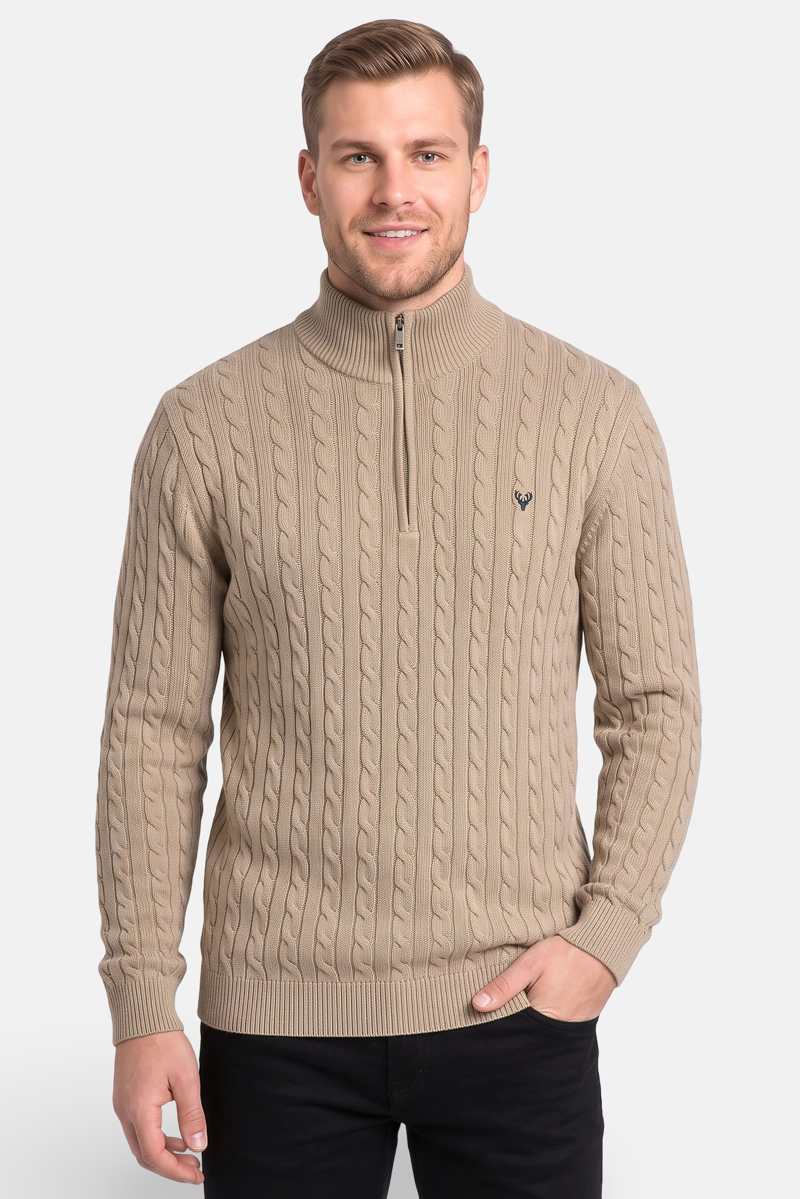 Men Mock Neck Knitted Sweater, Deep Beige
