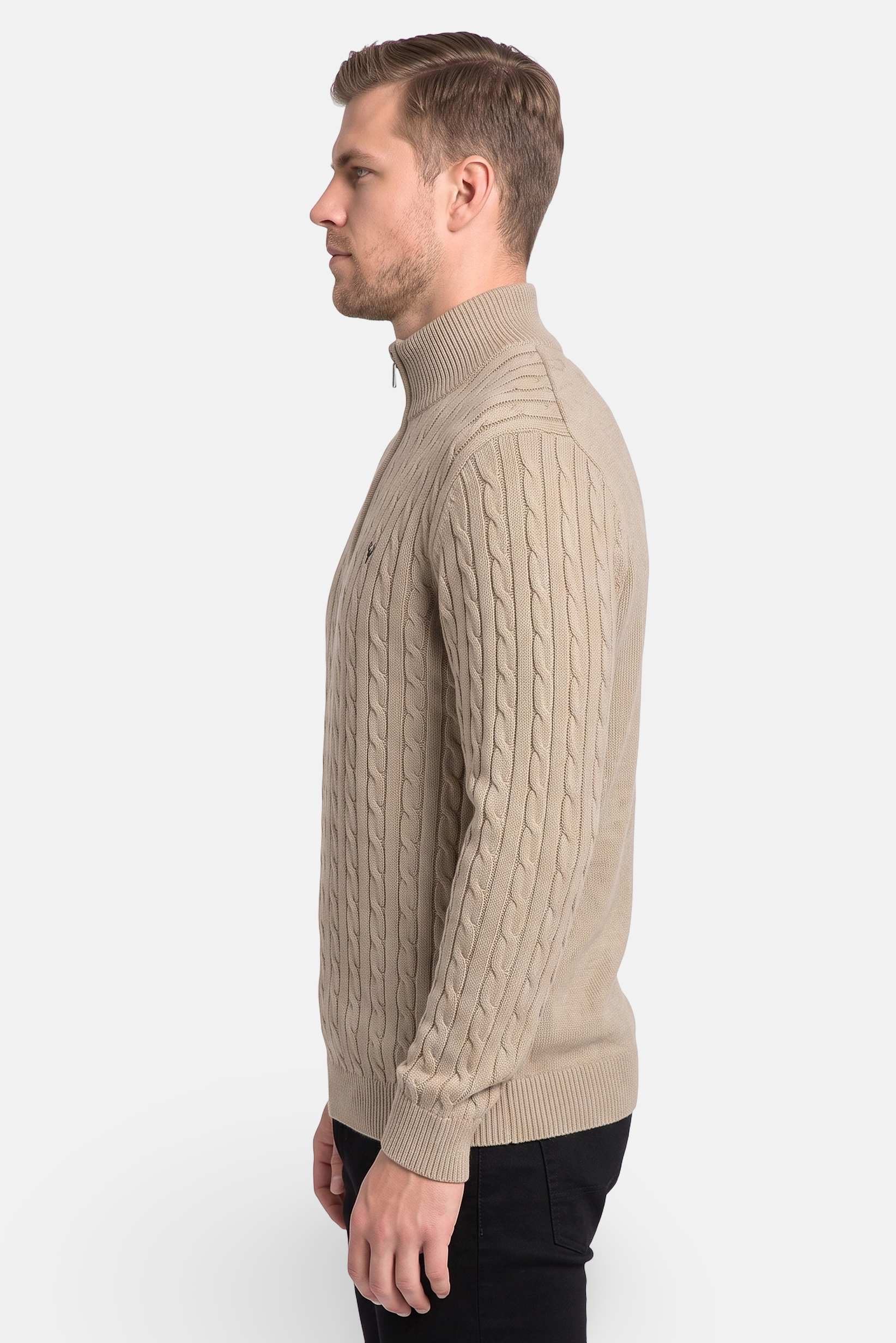 Men Mock Neck Knitted Sweater, Deep Beige