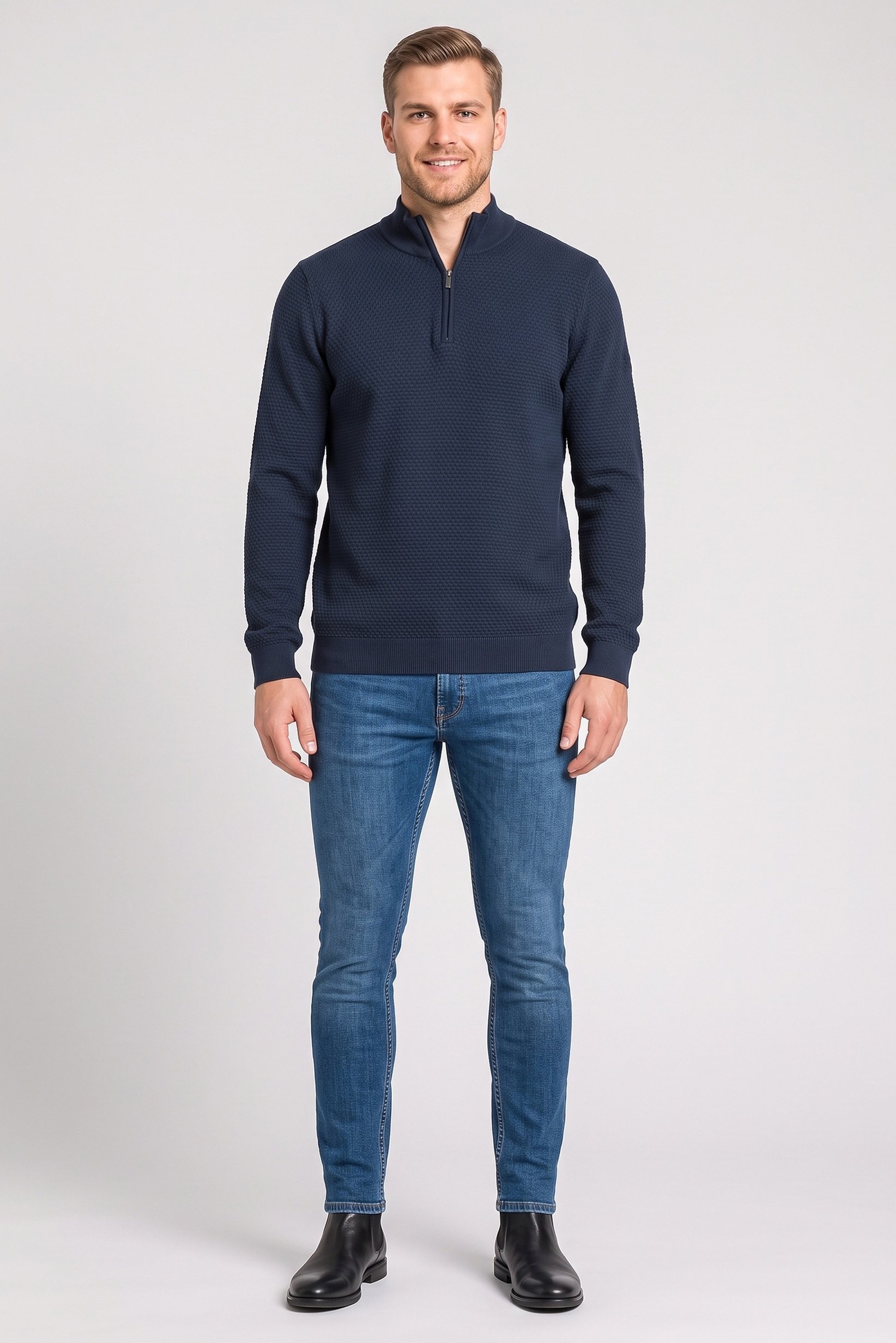 Men Mock Neck Textured Sweater, Navy