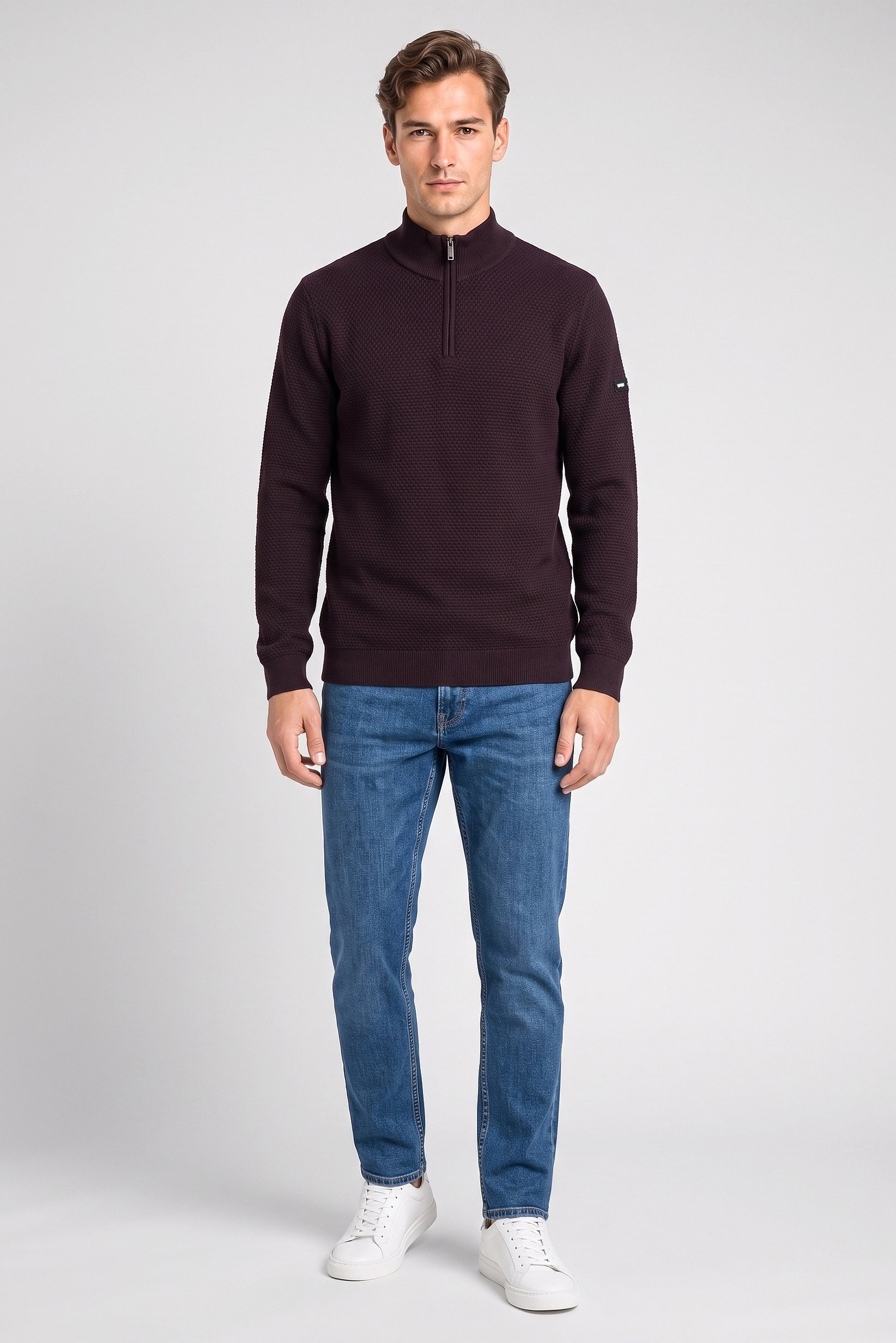 Men Half Neck Textured Sweater, Dark Burgundy