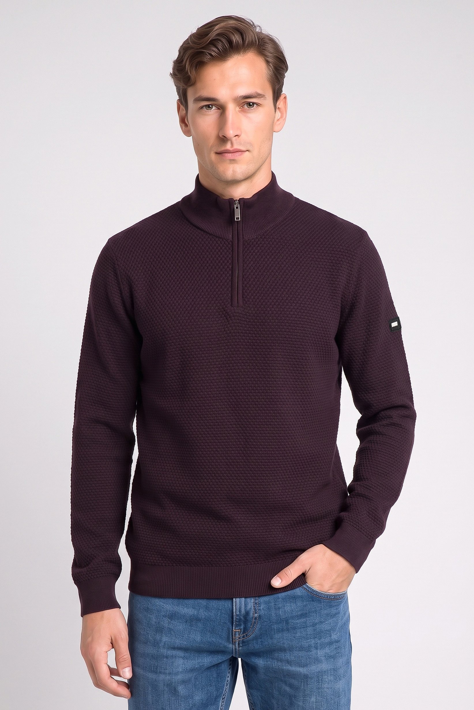 Men Half Neck Textured Sweater, Dark Burgundy