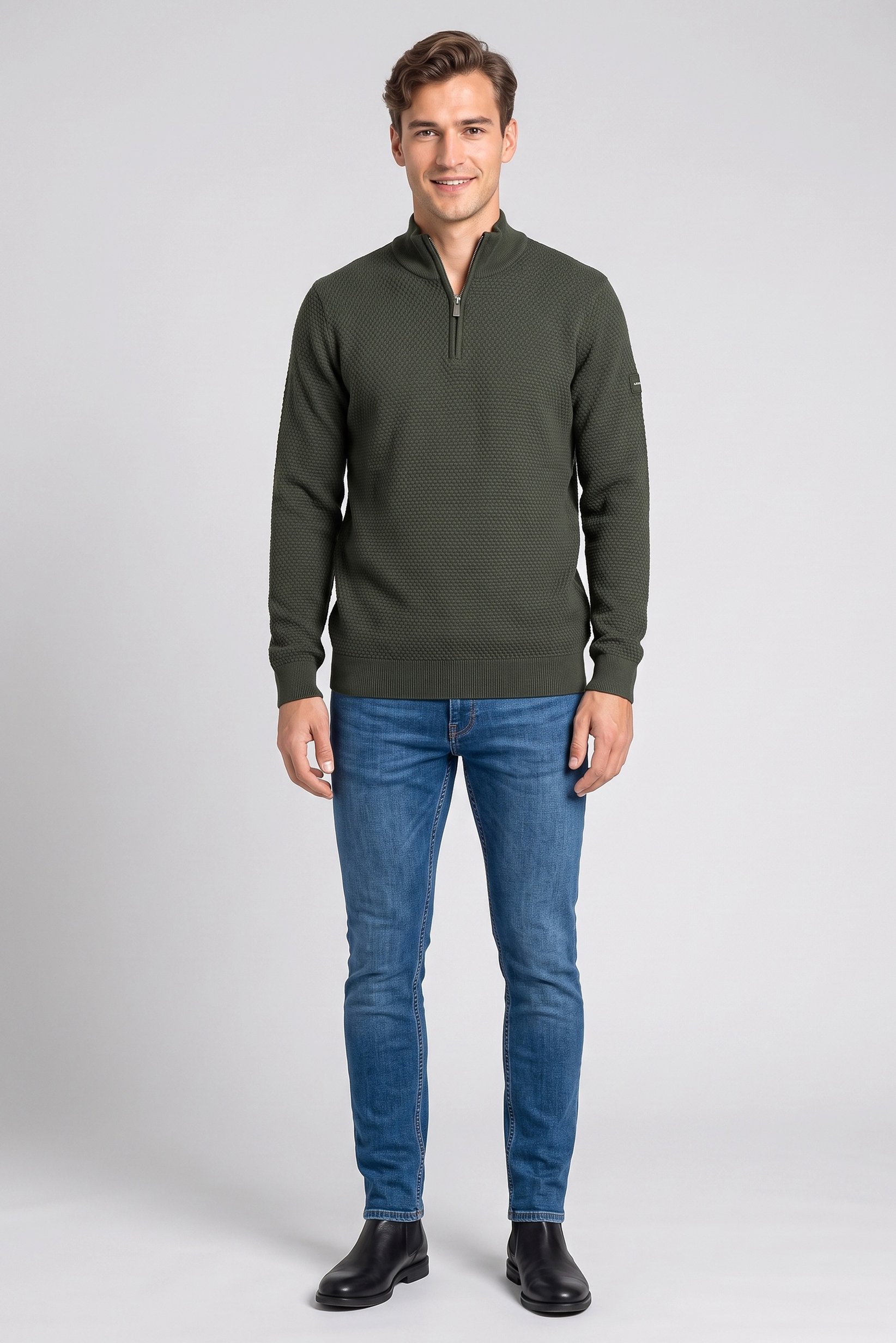 Men Mock Neck Textured Sweater, Olive