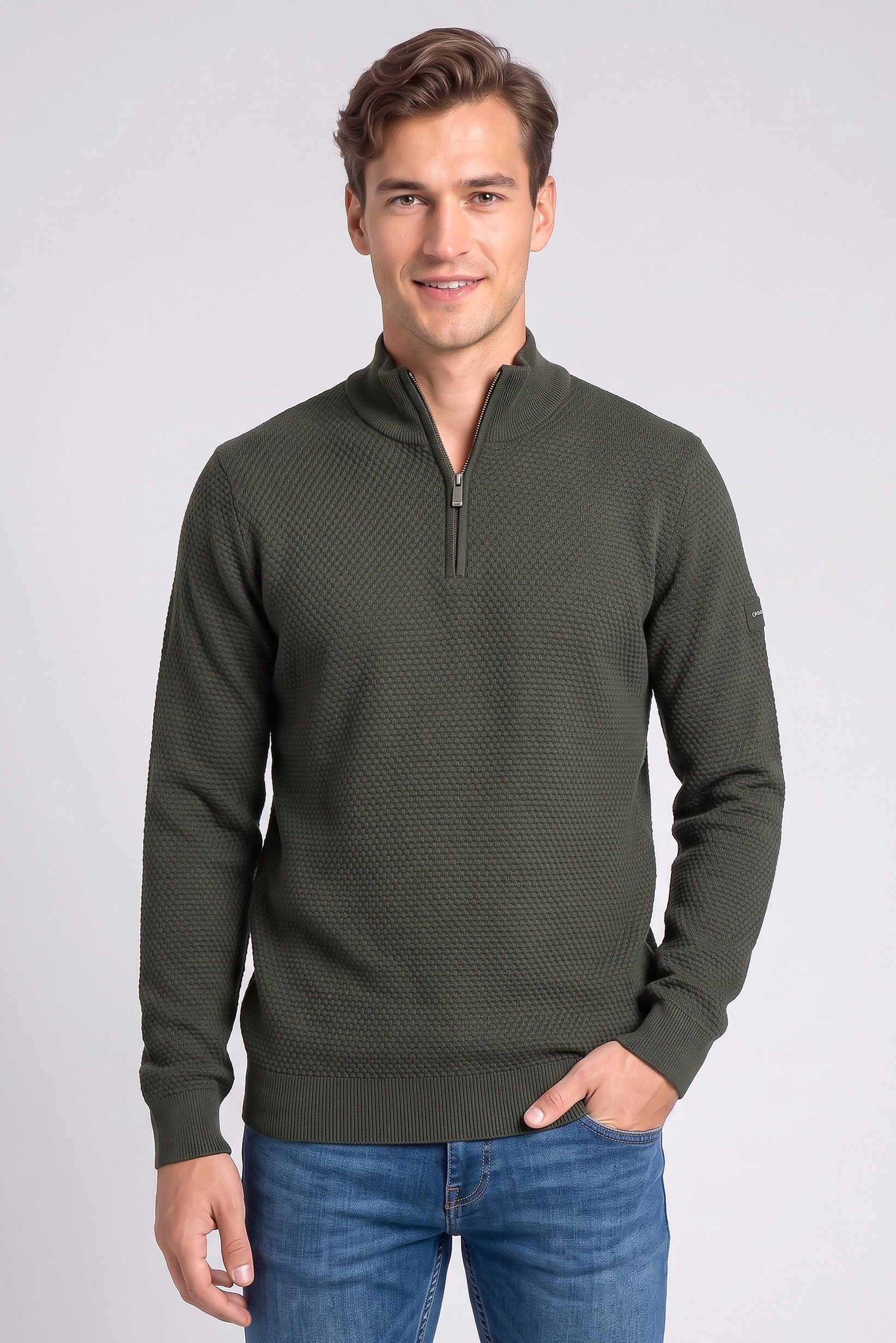 Men Mock Neck Textured Sweater, Olive