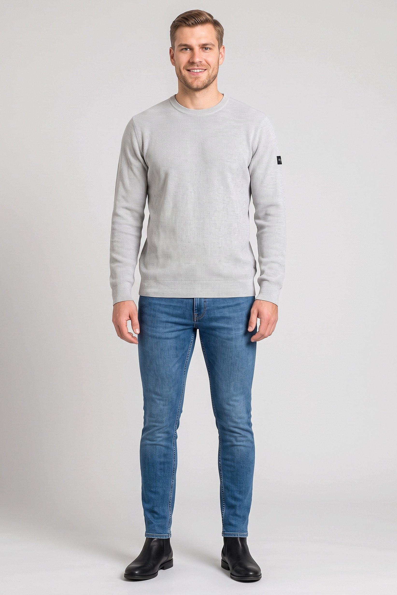 Men Crew Neck Textured Sweater, Light Grey
