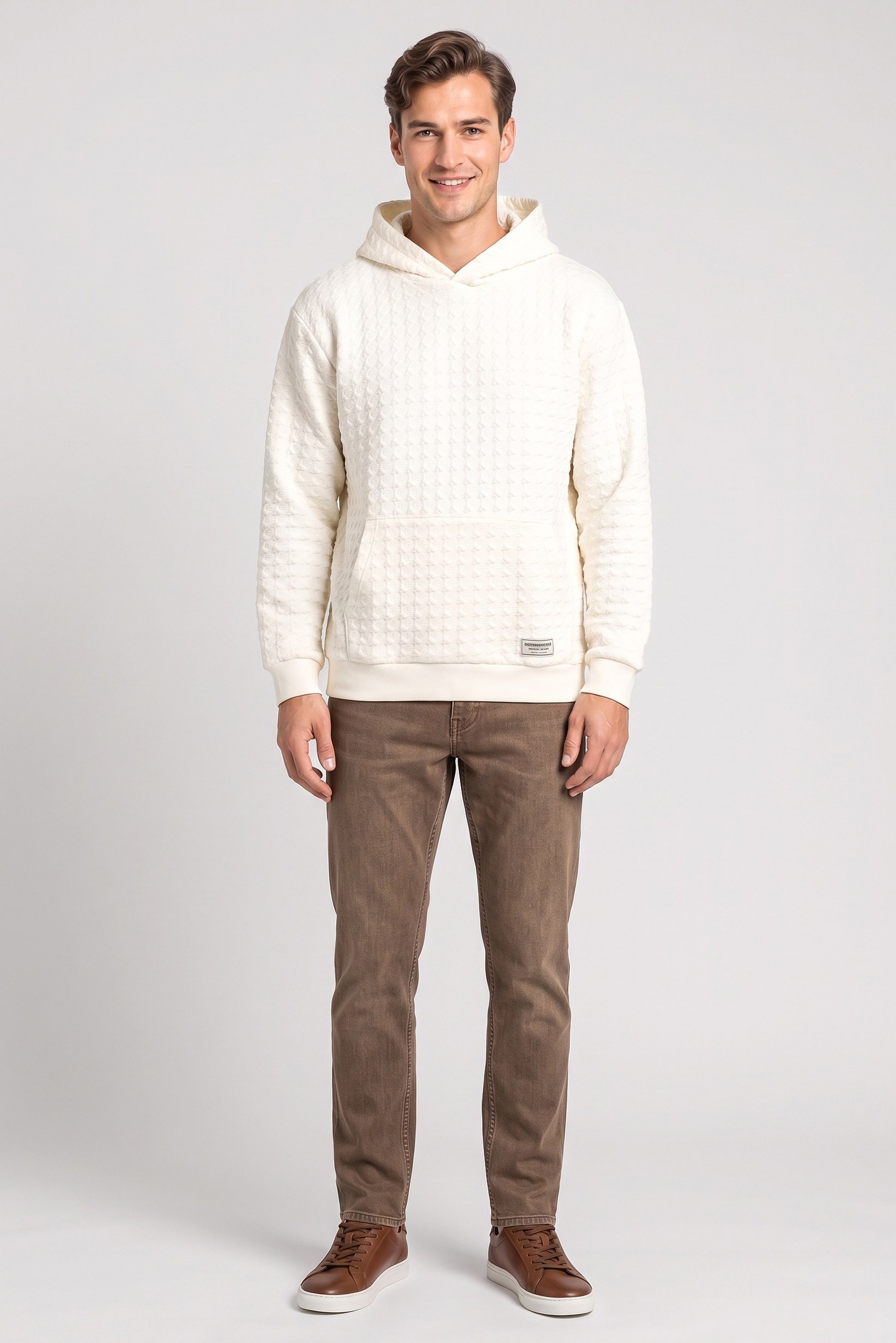 Men Oversized Textured Long Sleeve Hoodie, Ivory