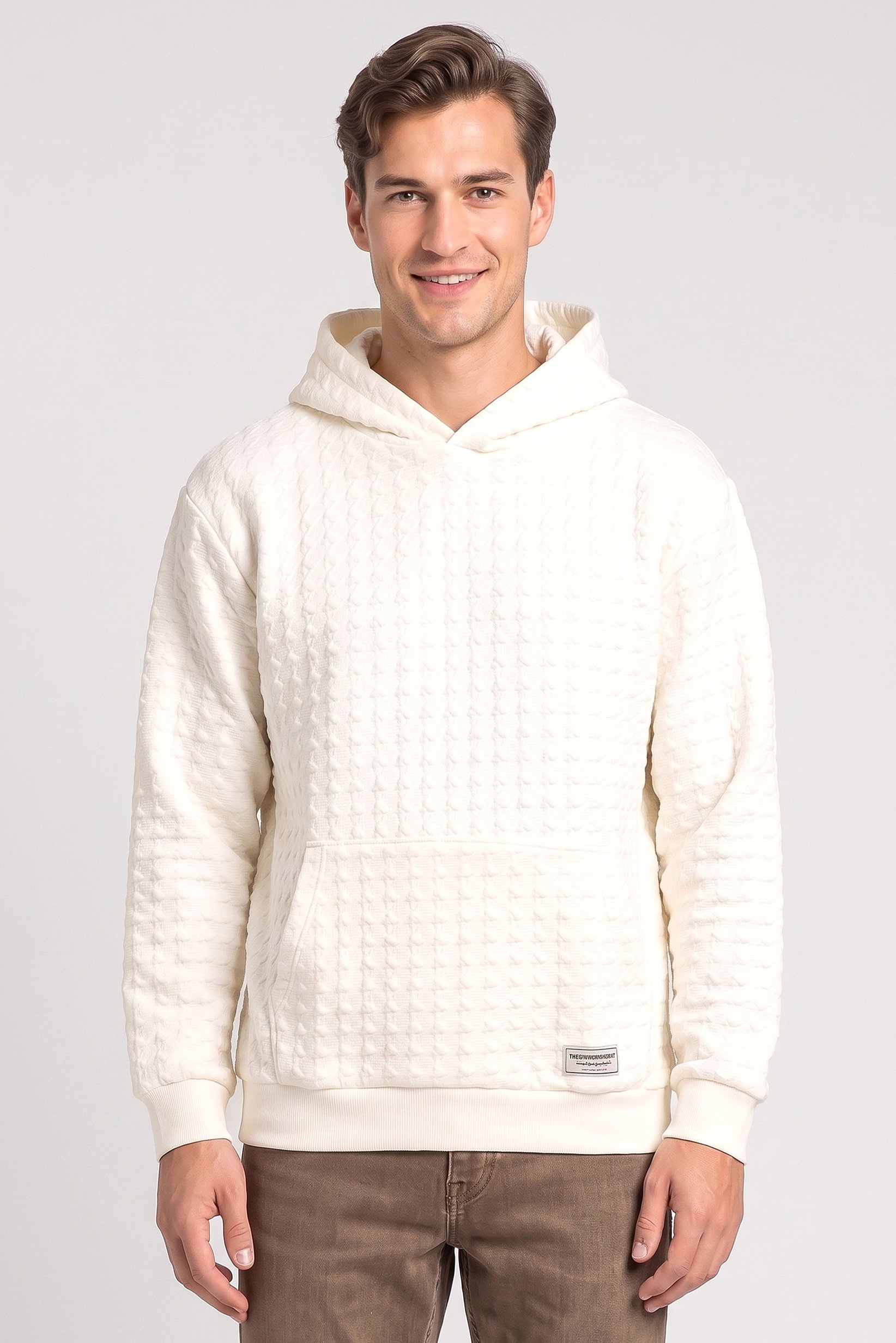 Men Oversized Textured Long Sleeve Hoodie, Ivory