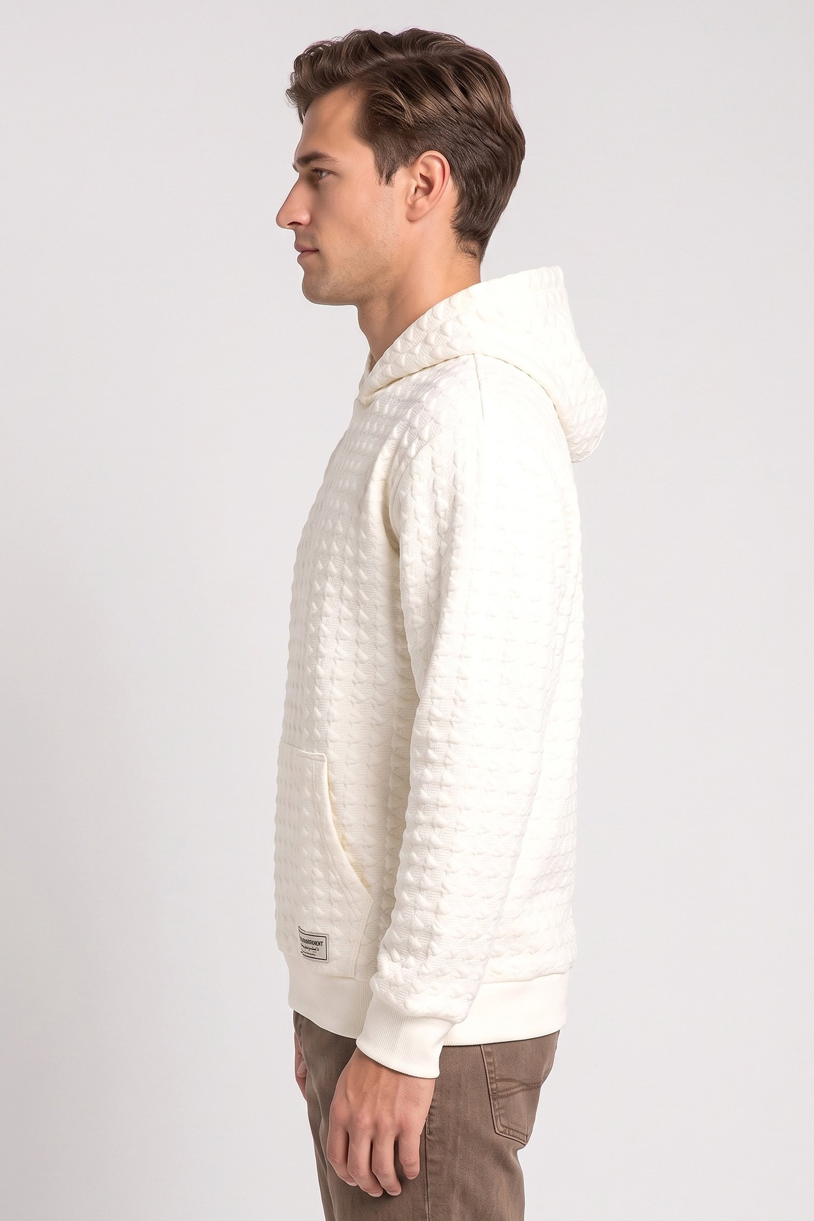 Men Oversized Textured Long Sleeve Hoodie, Ivory
