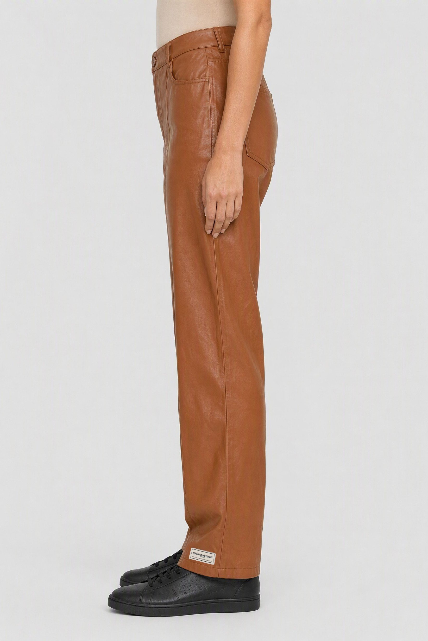 Women Regular Fit Solid Leather Straight Leg Pants, Brown