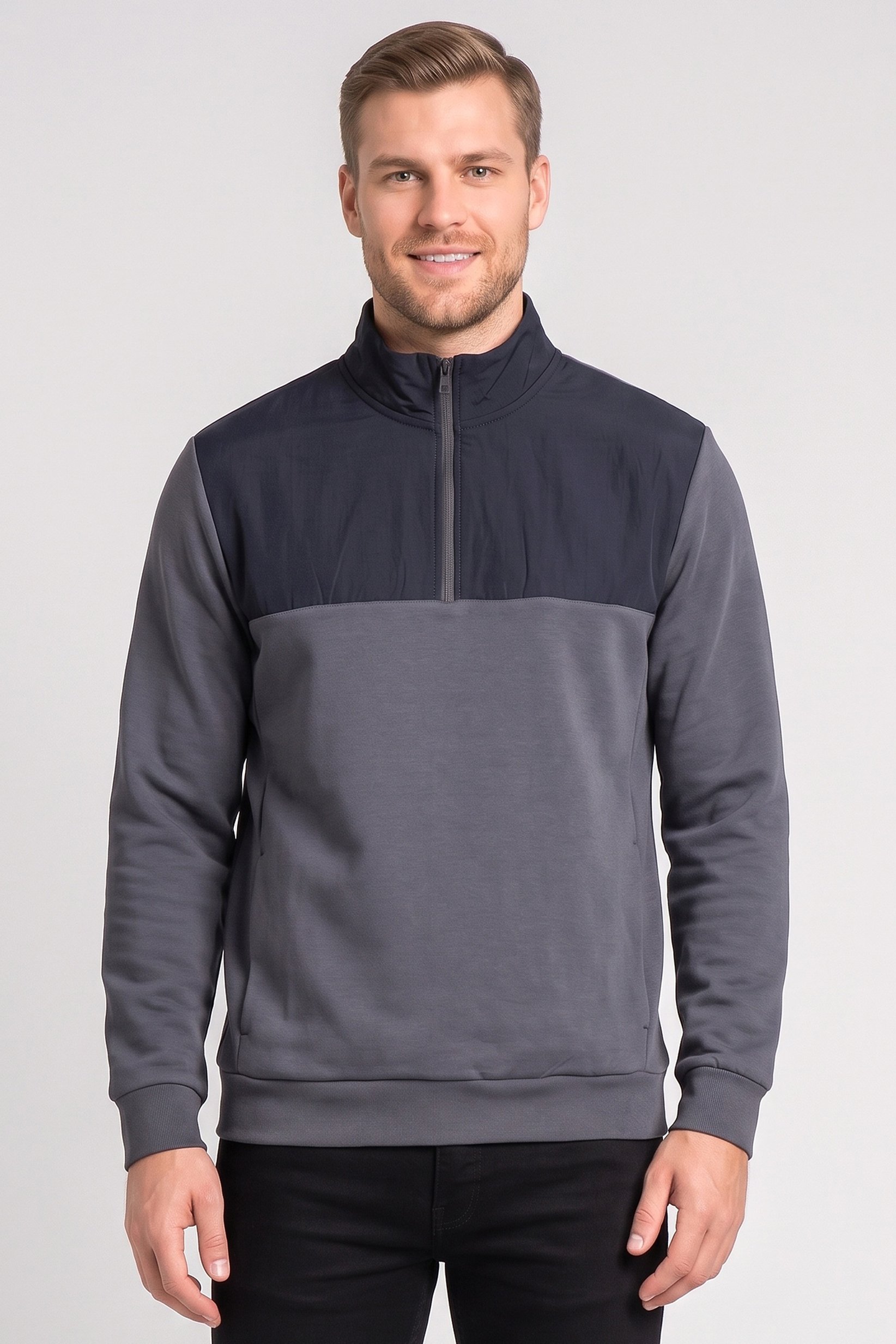 Men High Neck Plain Long Sleeve Half Zip Sweatshirts, Multicolor