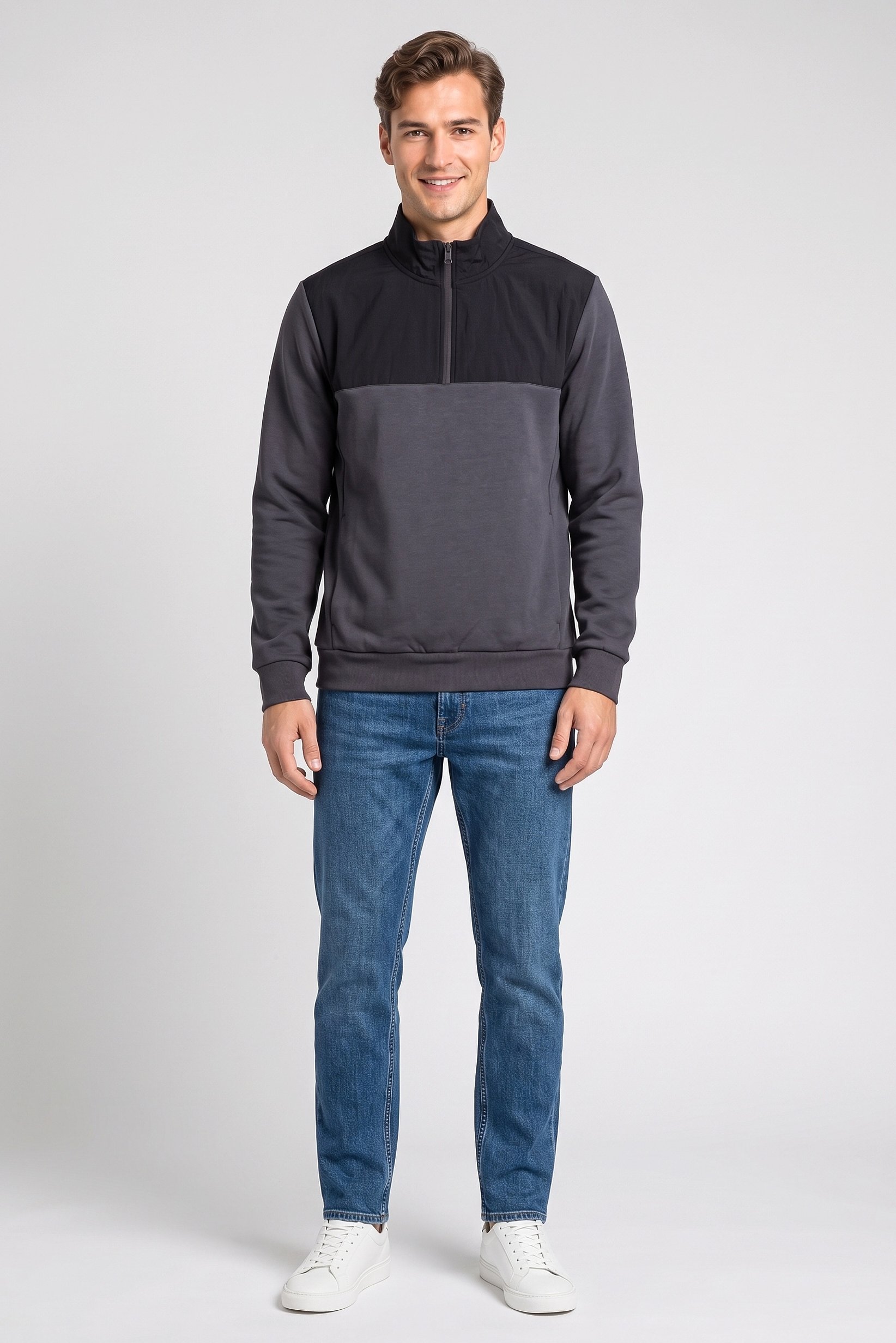 Men High Neck Plain Long Sleeve Half Zip Sweatshirts, Multicolor