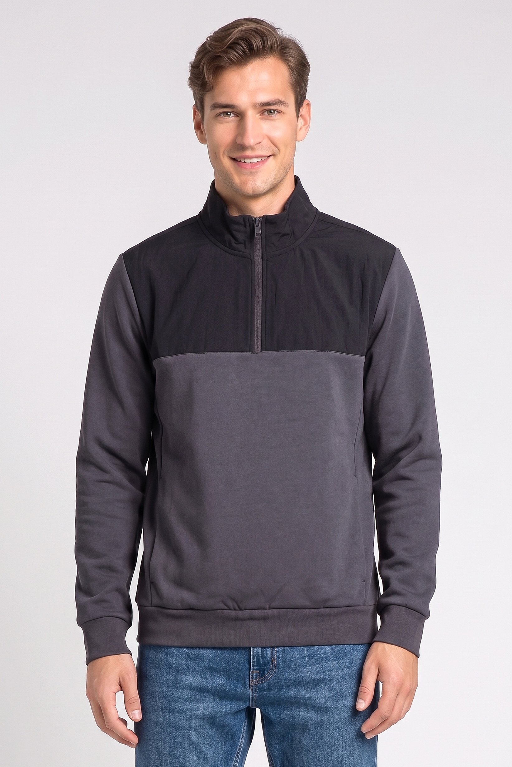 Men High Neck Plain Long Sleeve Half Zip Sweatshirts, Multicolor