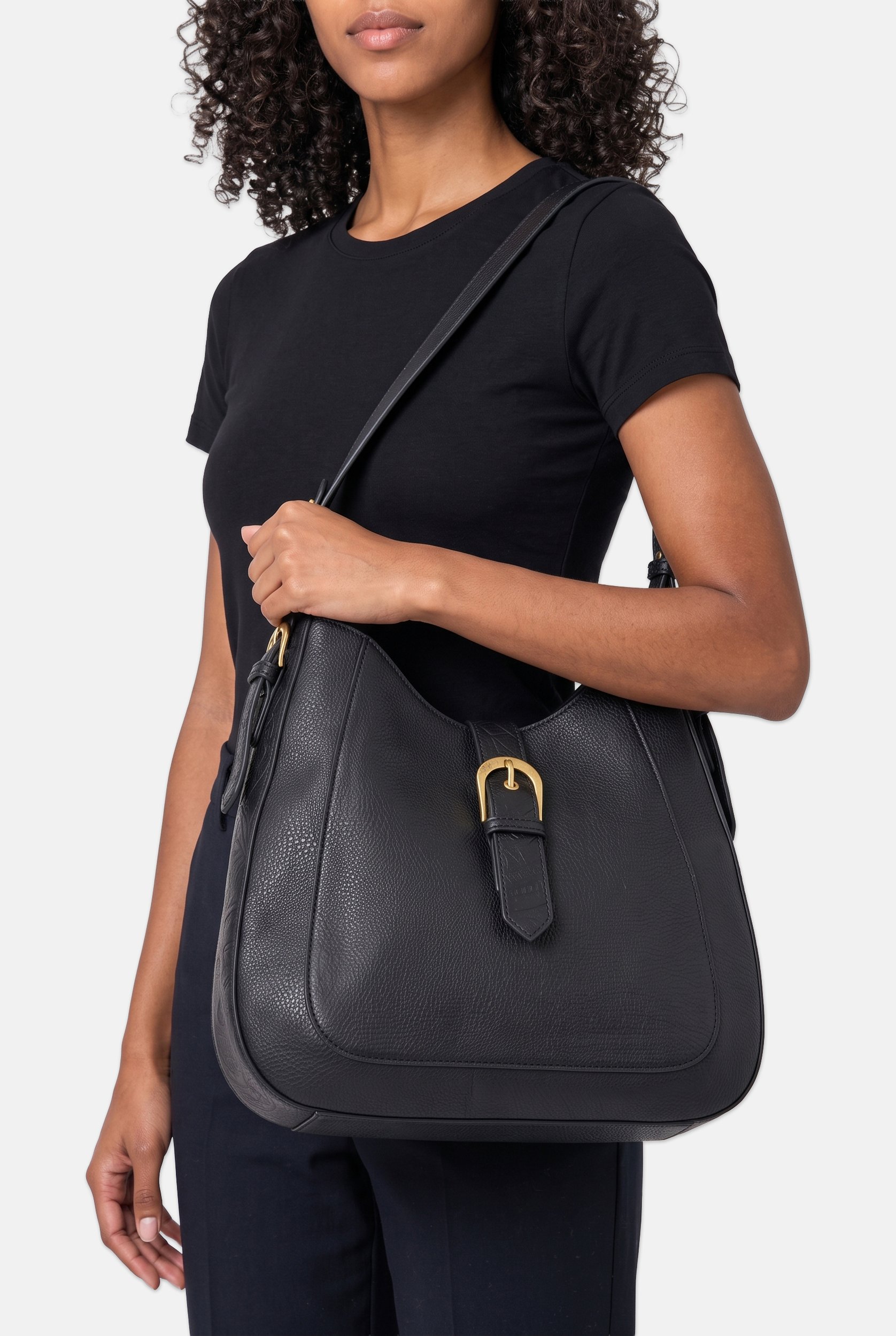 Women Solid Hobo Bag, Black