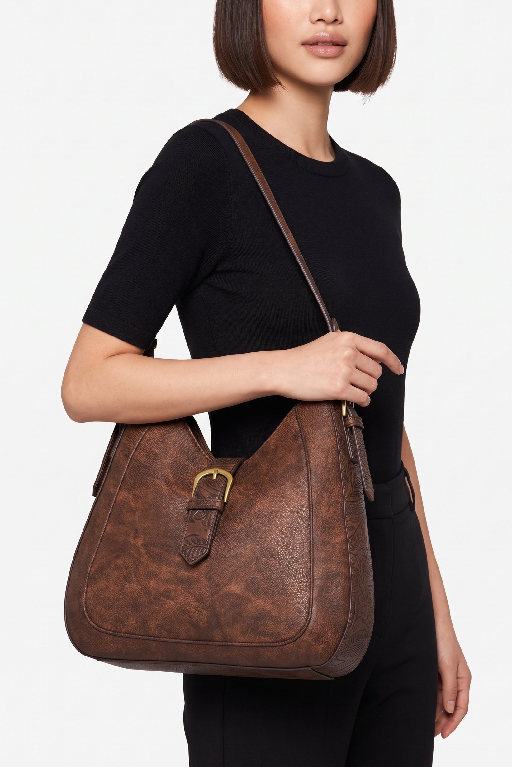 Women Brand Logo Shoulder Bag, Brown
