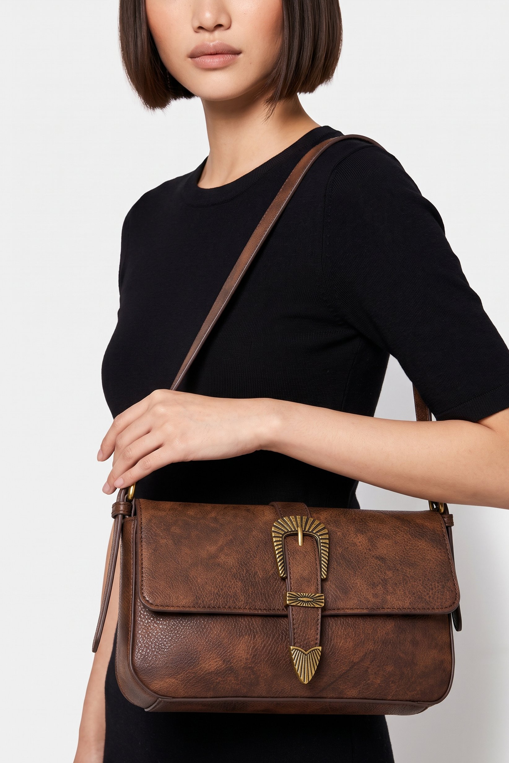 Women Brand Logo Shoulder Bag, Dark Brown
