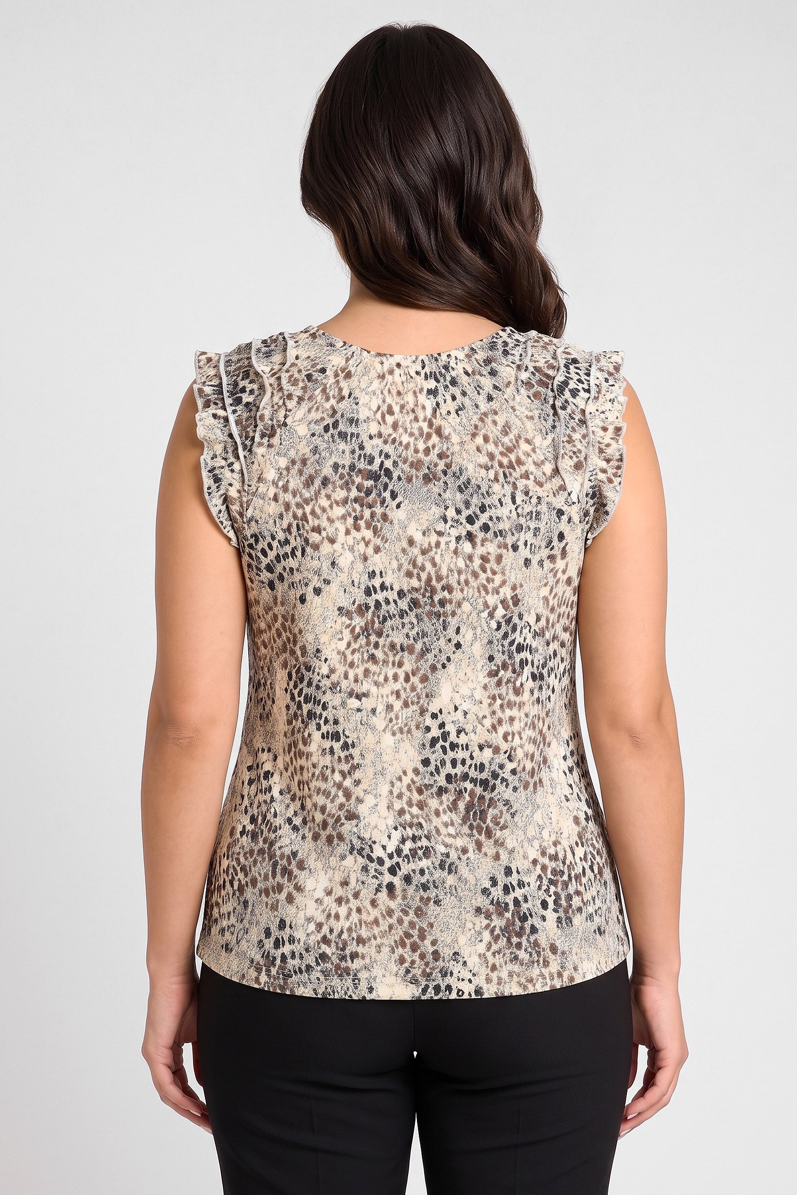 Women Tie Neck Ruffle Sleeve Animal Print Top, Multicolor