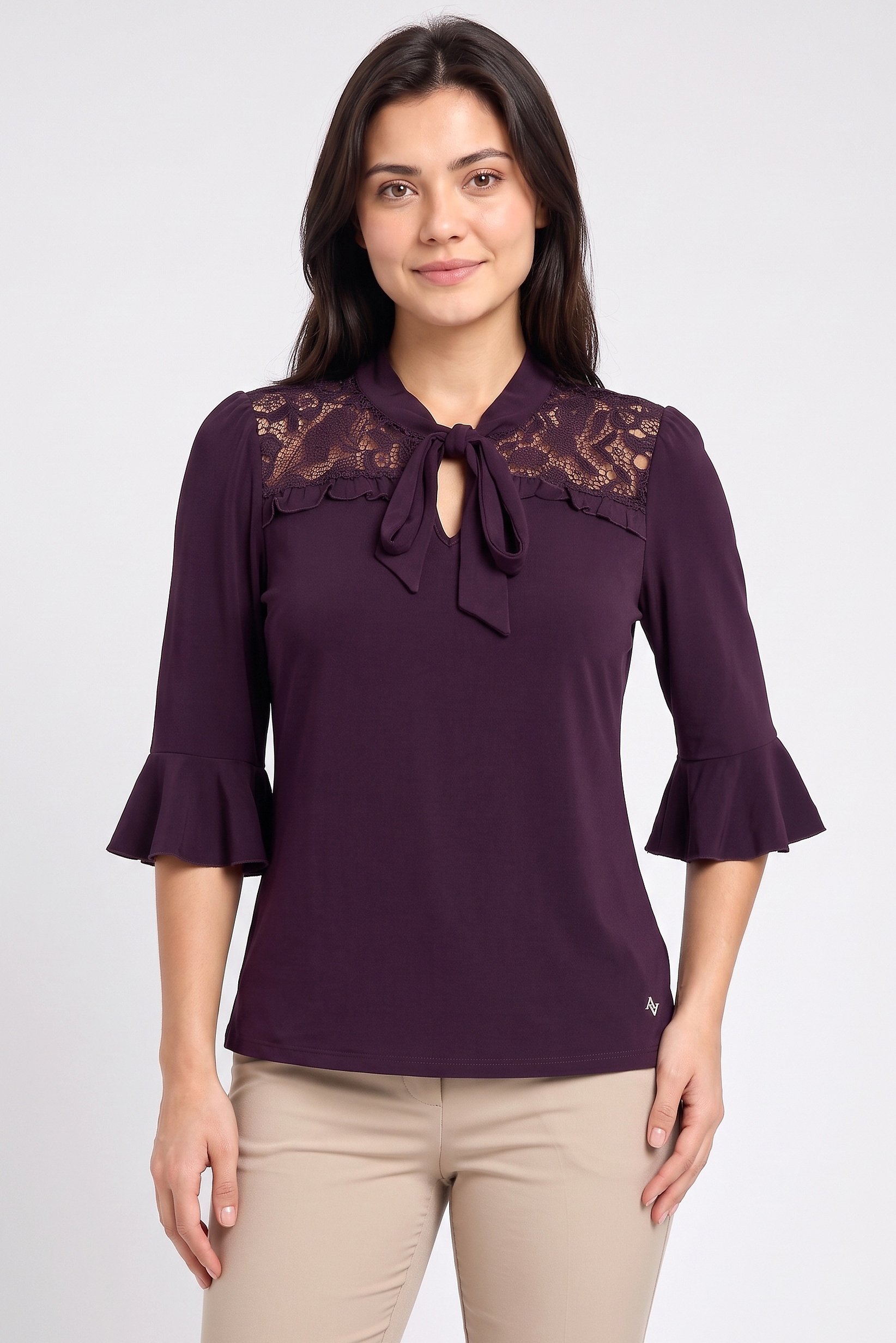 Women Tie Neckline 3/4 Sleeve Lace Details Blouse, Plum