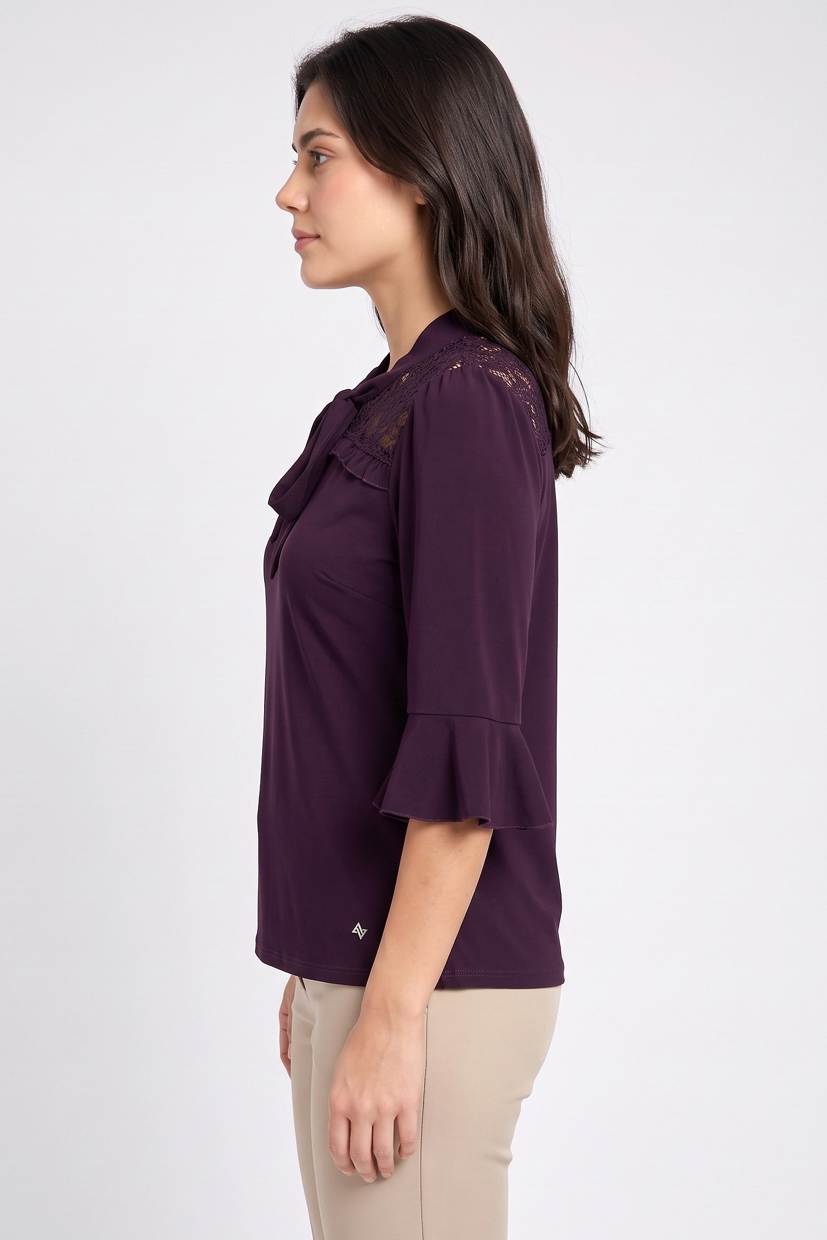 Women Tie Neckline 3/4 Sleeve Lace Details Blouse, Plum