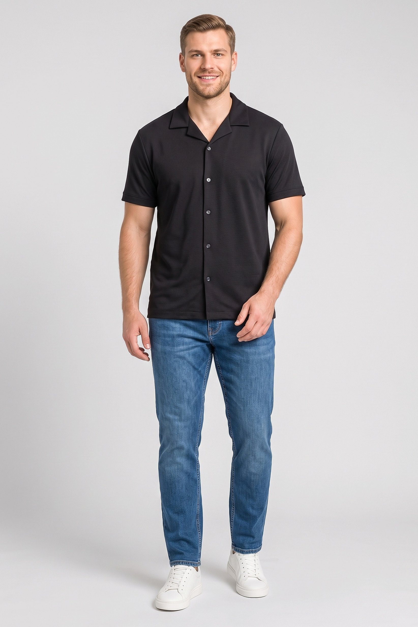 Men Regular Fit Textured Short Sleeve Casual Shirt, Black