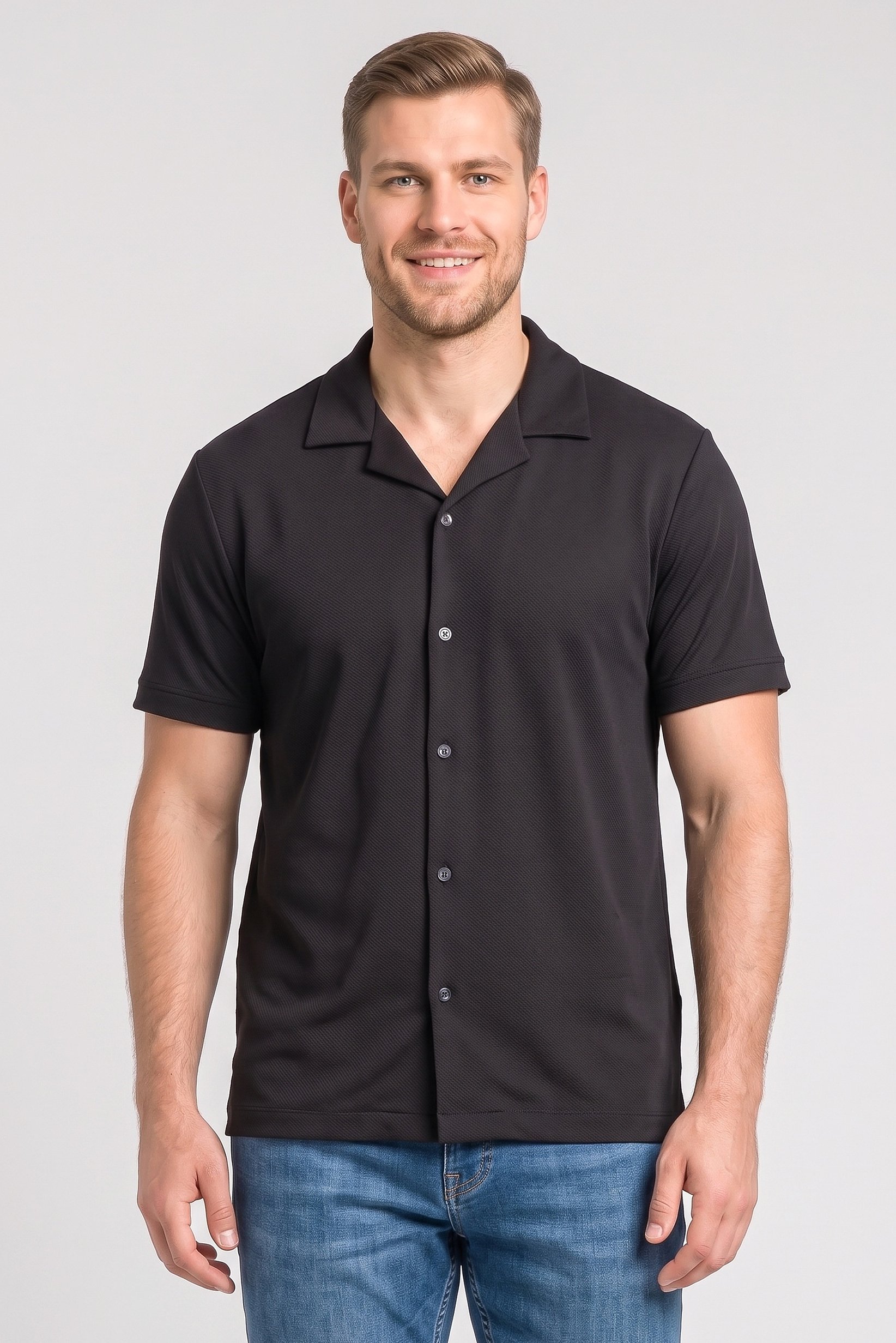 Men Regular Fit Textured Short Sleeve Casual Shirt, Black