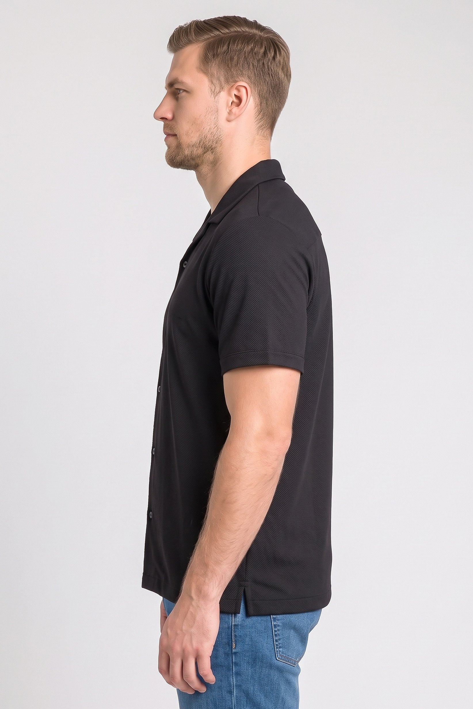 Men Regular Fit Textured Short Sleeve Casual Shirt, Black