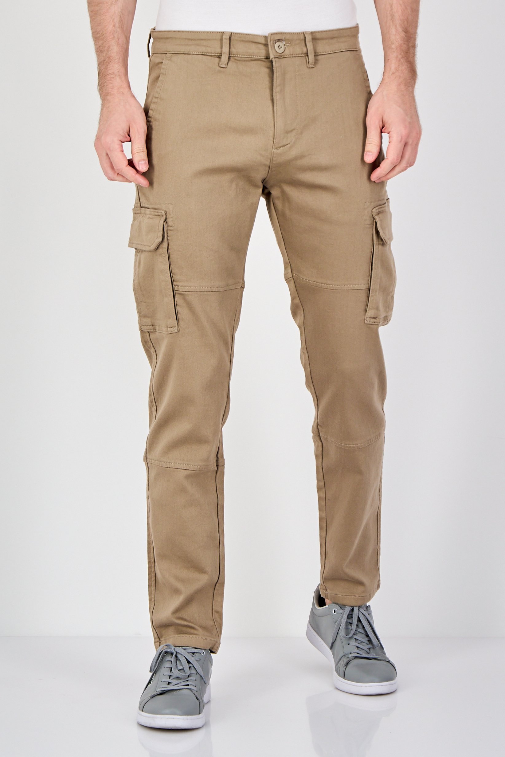 Men Stretch Fit Solid Cargo Pants, Dark Beige
