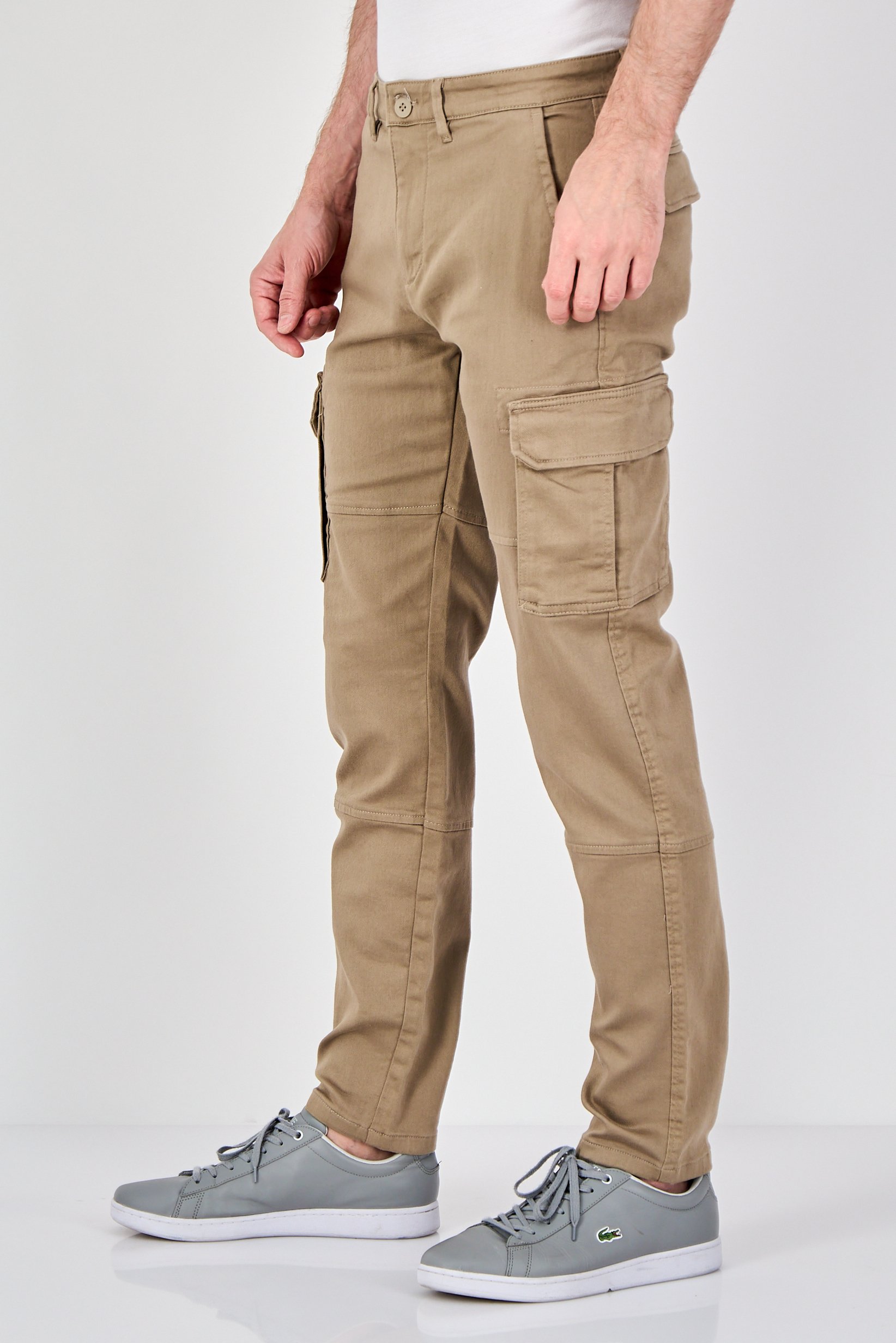 Men Stretch Fit Solid Cargo Pants, Dark Beige