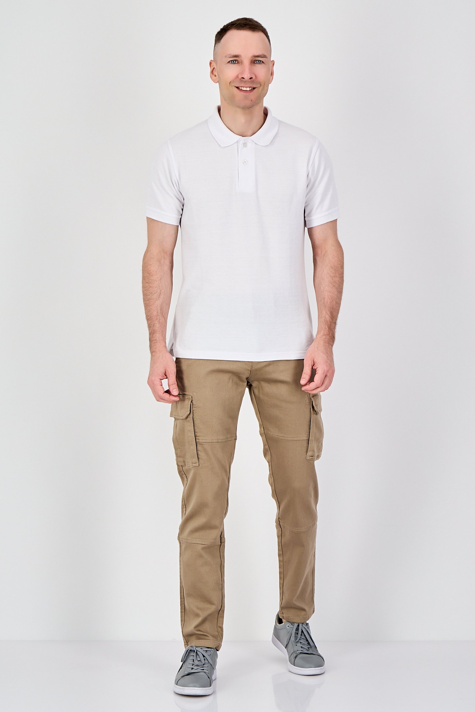 Men Stretch Fit Solid Cargo Pants, Dark Beige