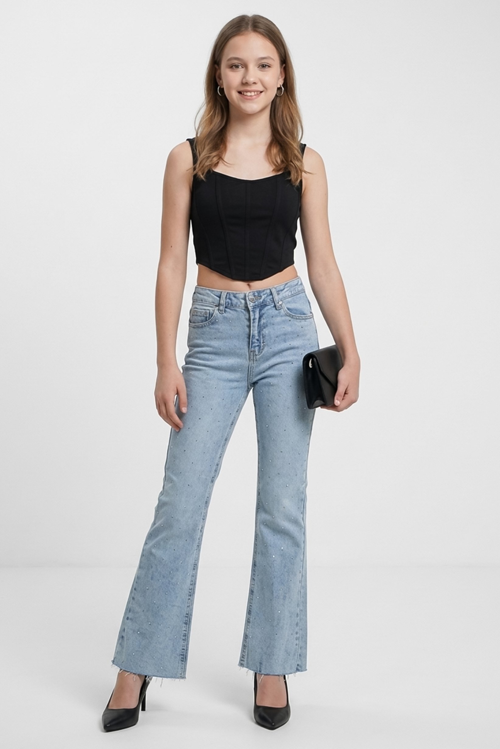 Women Cropped Fit Embellished Stretchable Flare Jeans, Light Blue