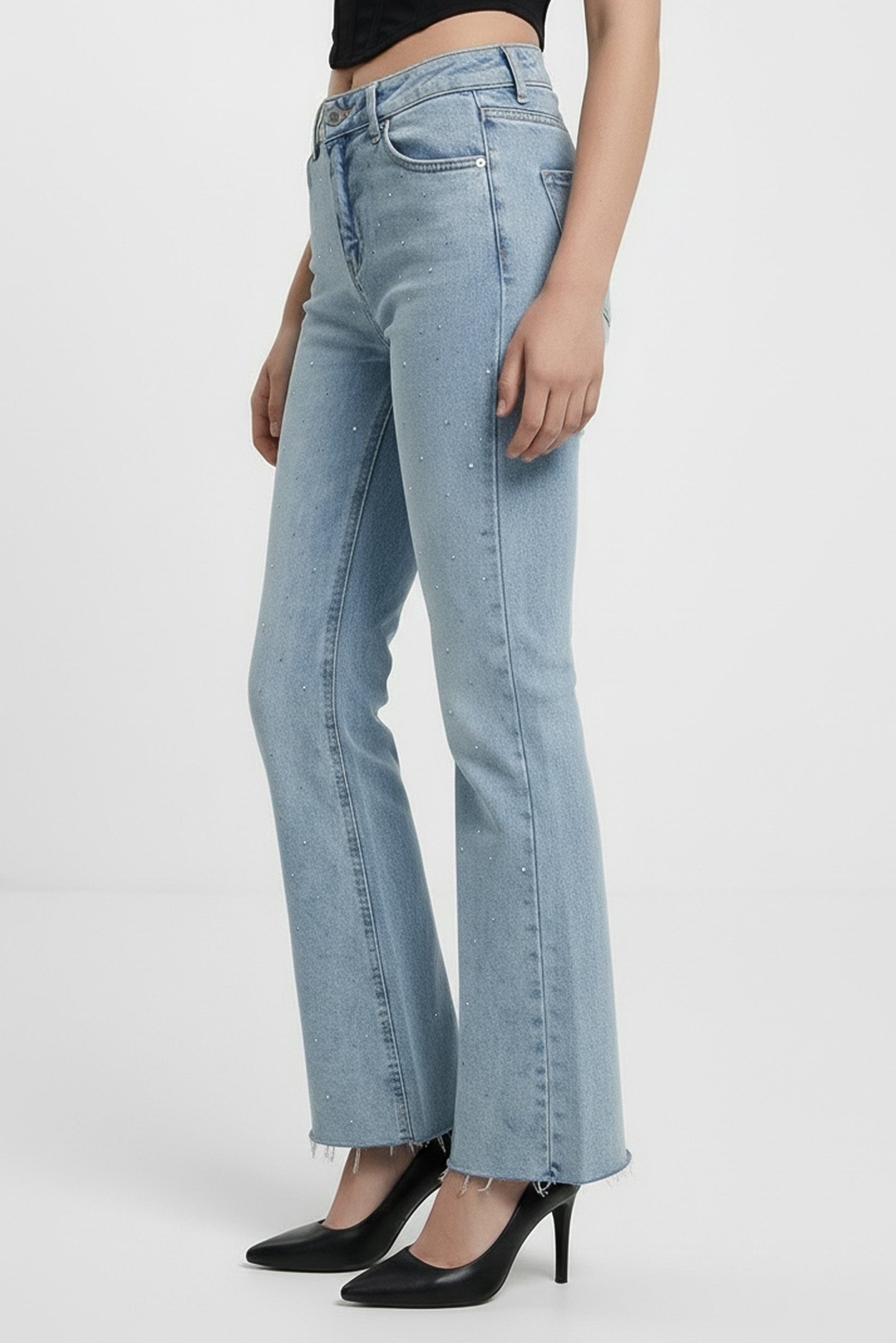 Women Cropped Fit Embellished Stretchable Flare Jeans, Light Blue