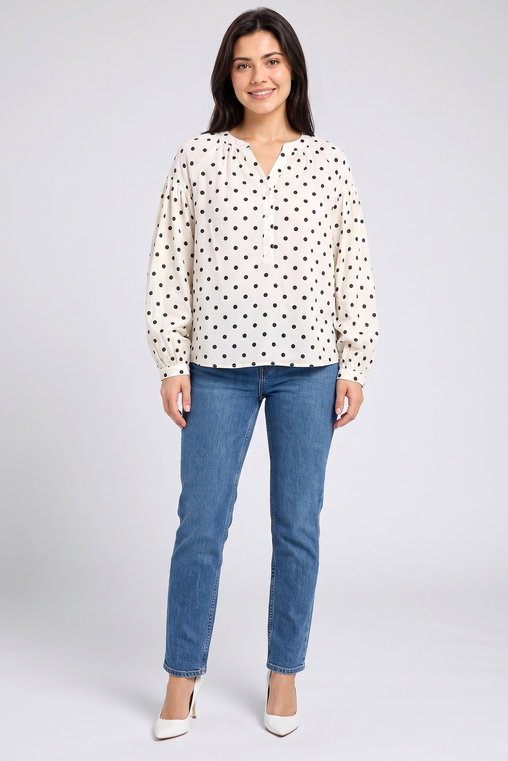Women V-Neck Polka Dots Long Sleeve Blouse, Multicolor