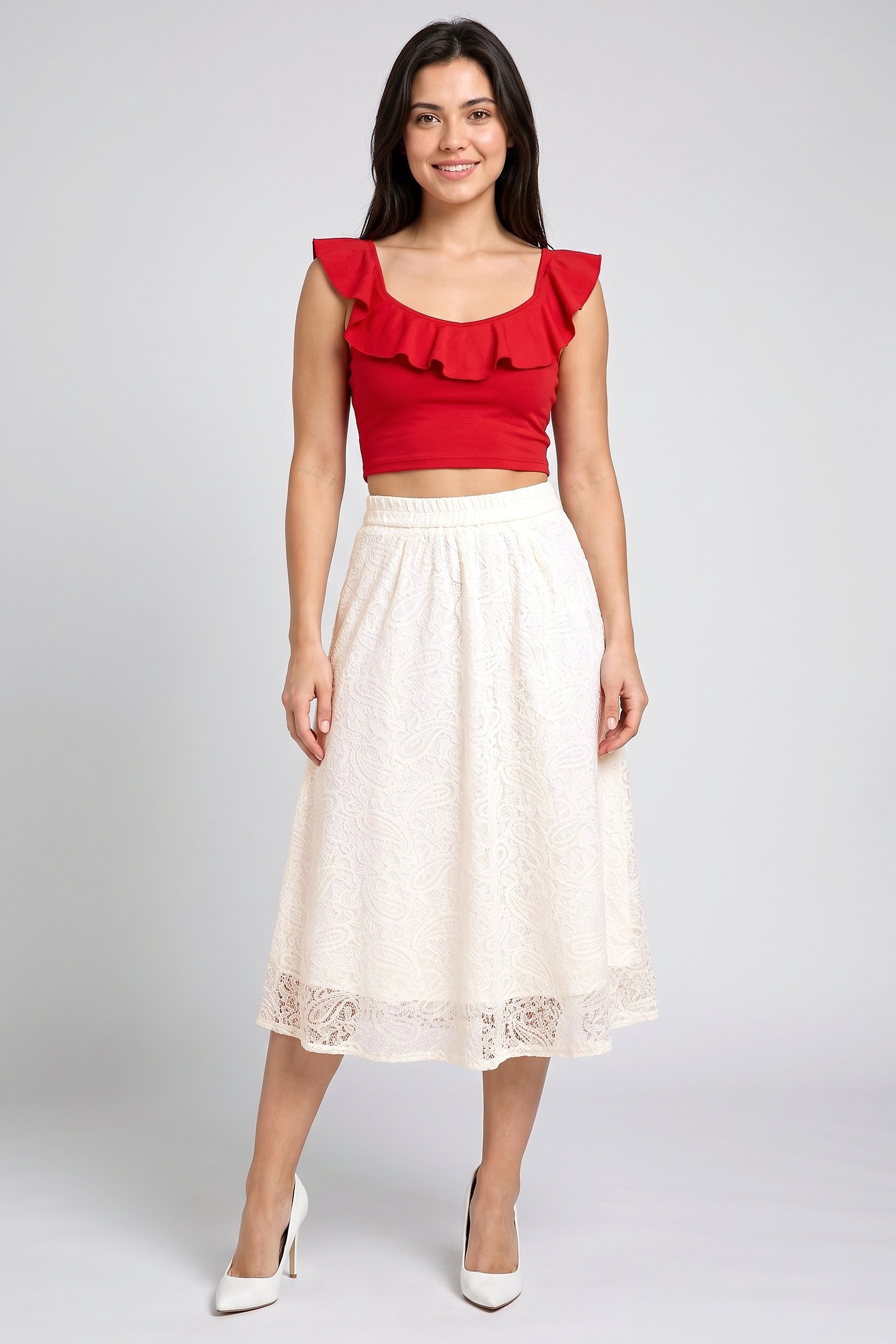 Women Lace Details Maxi Skirt, Cream