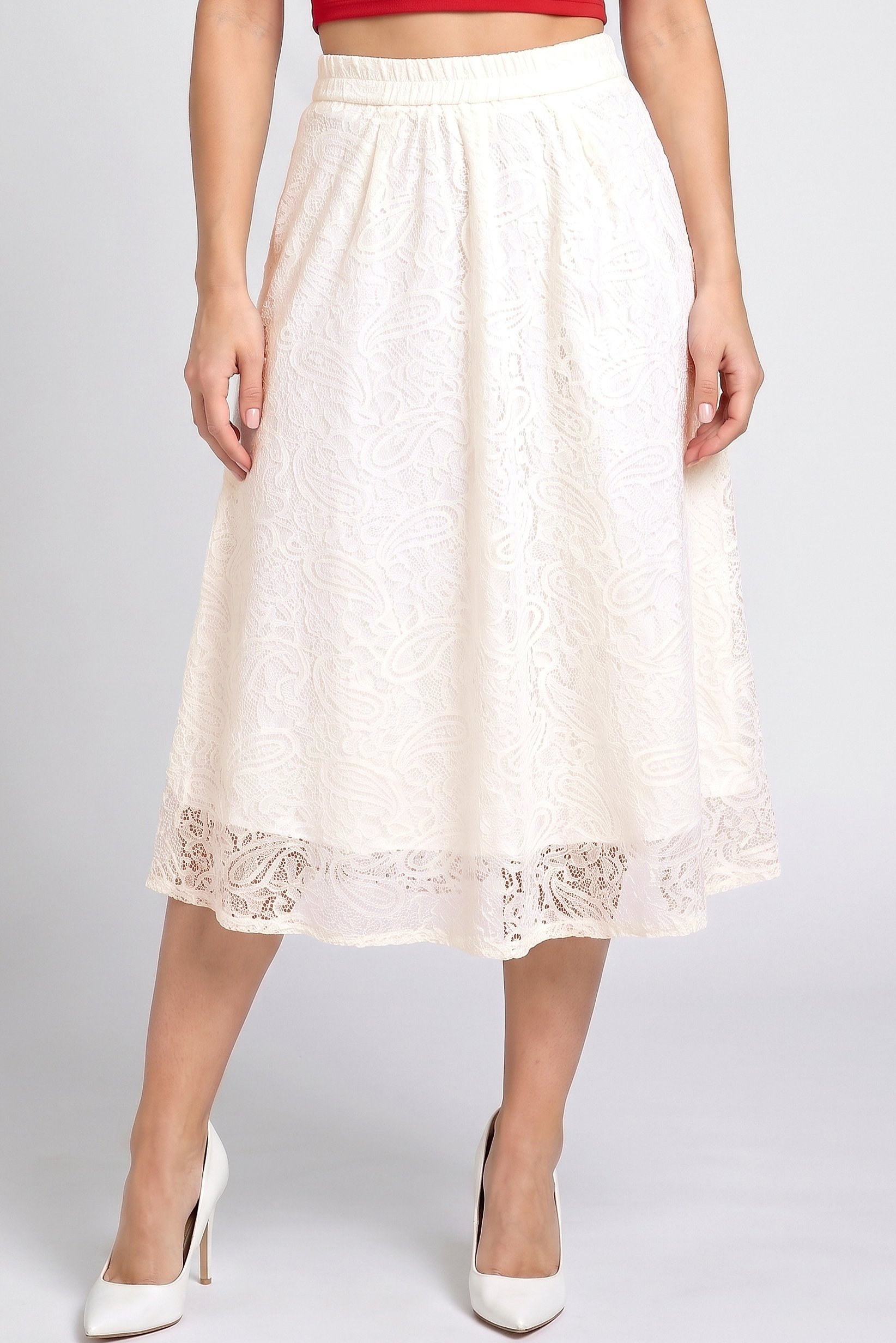 Women Lace Details Maxi Skirt, Cream