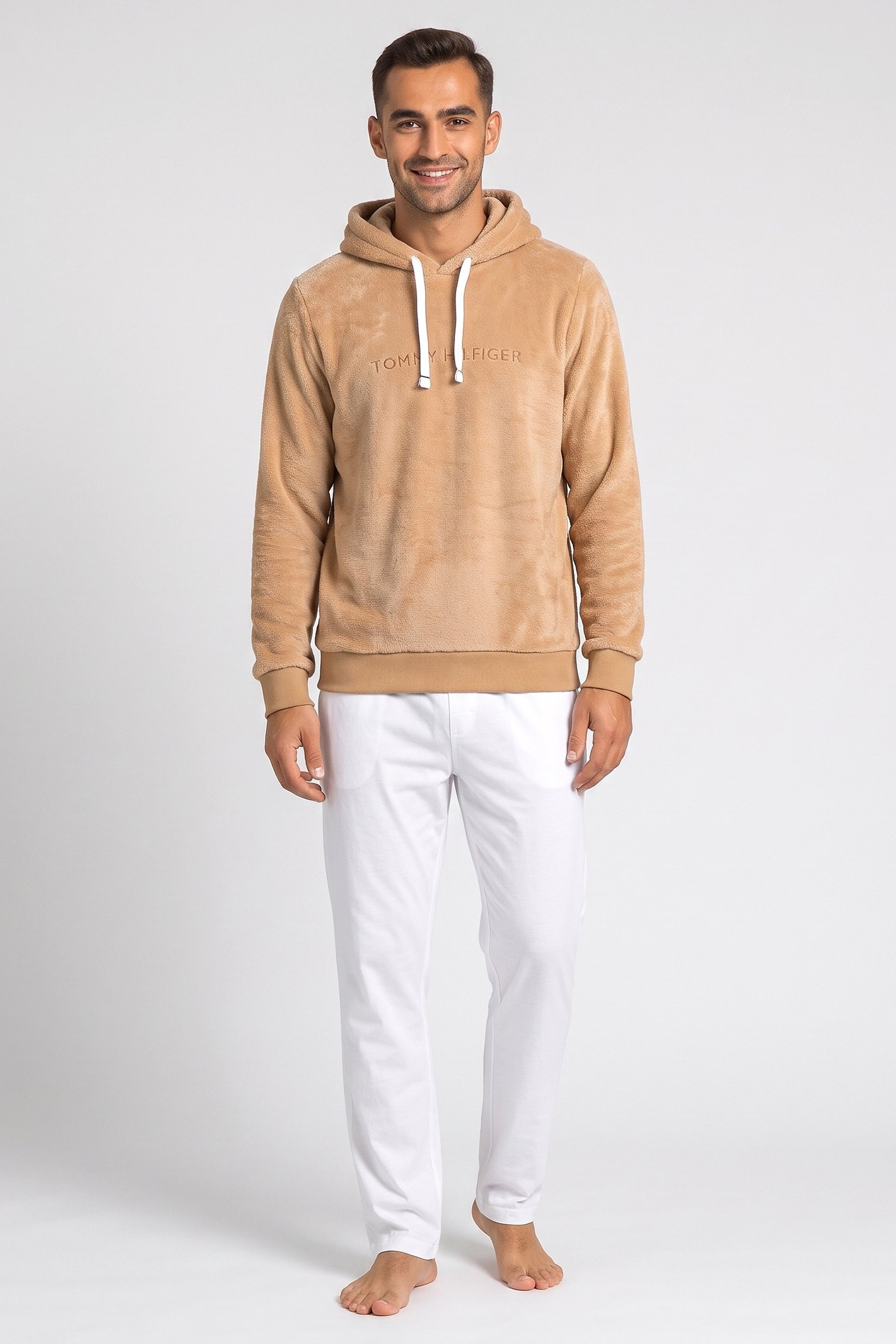Men Embroidered Logo Long Sleeve Sleepwear Hoodie, Brown